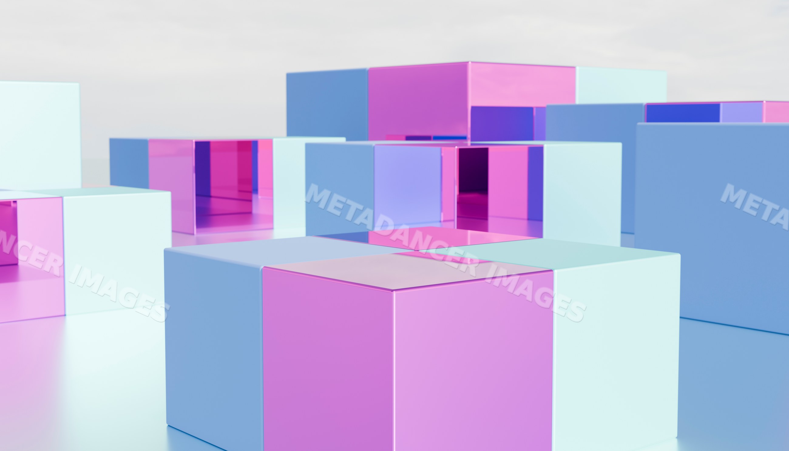 A minimalist arrangement of reflective purple and blue 3d cubes