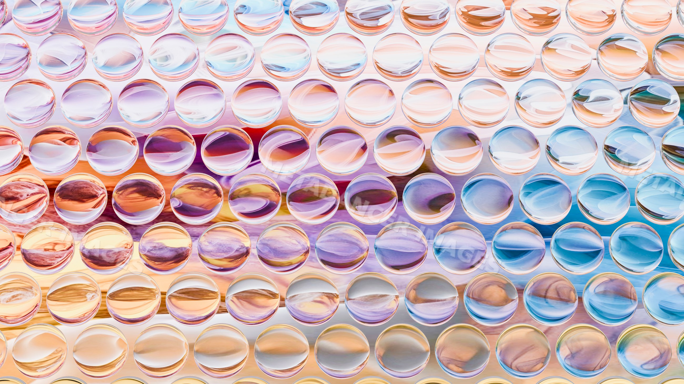 Close-up of water droplets reflecting vibrant color gradient