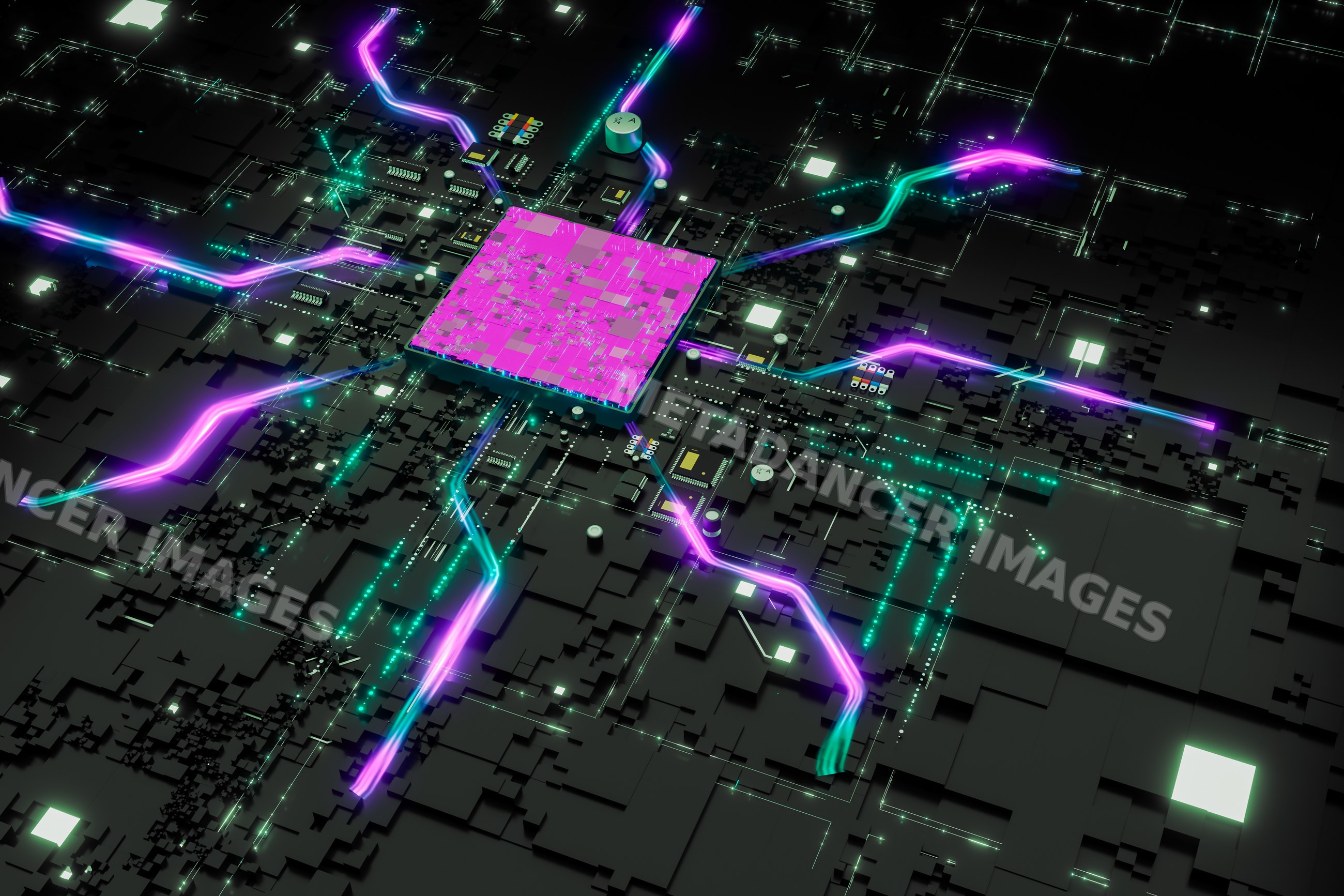 Microchip with neon light trails on a Black circuit board