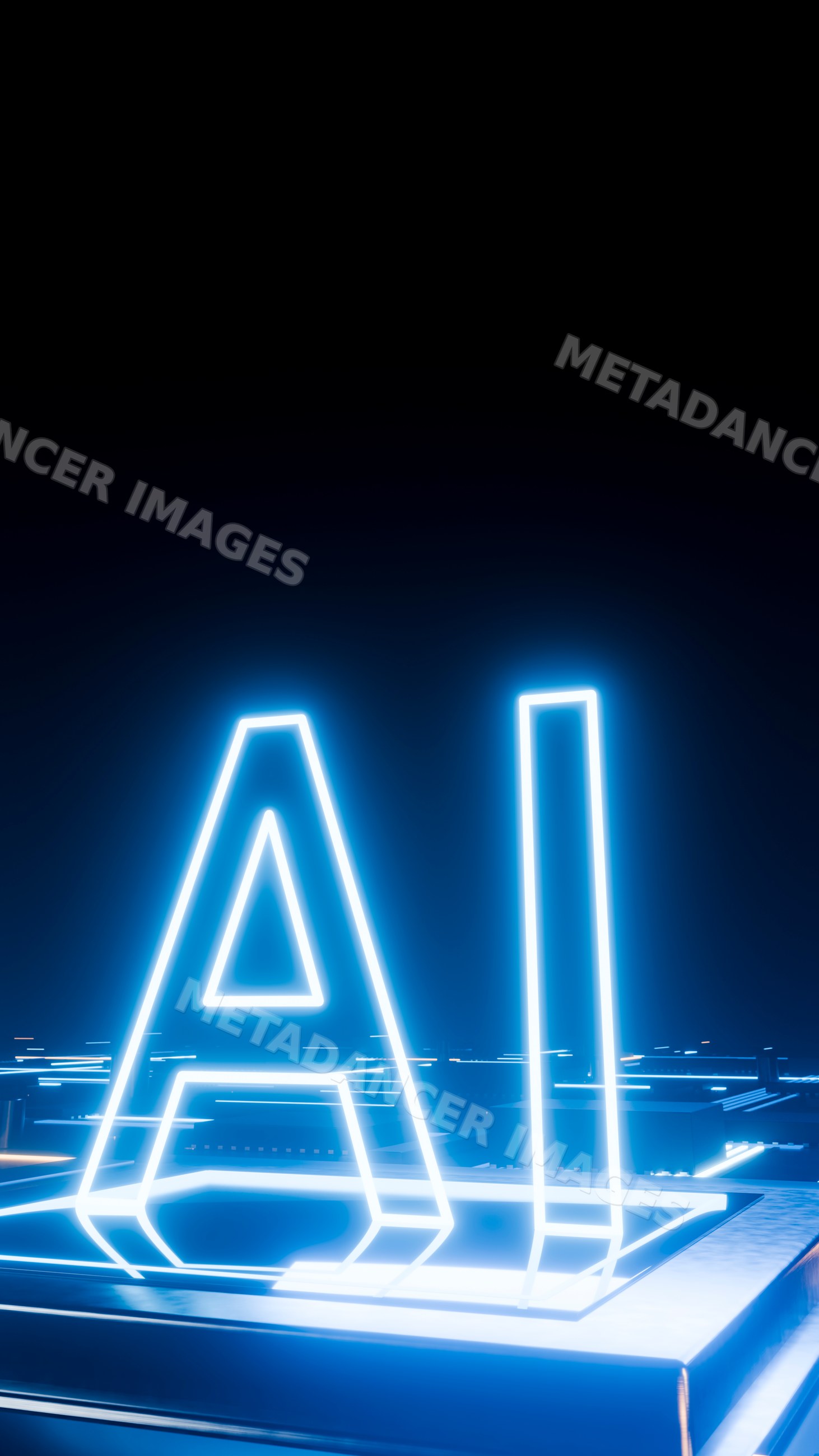 Glowing ai neon sign with blue illumination on dark background