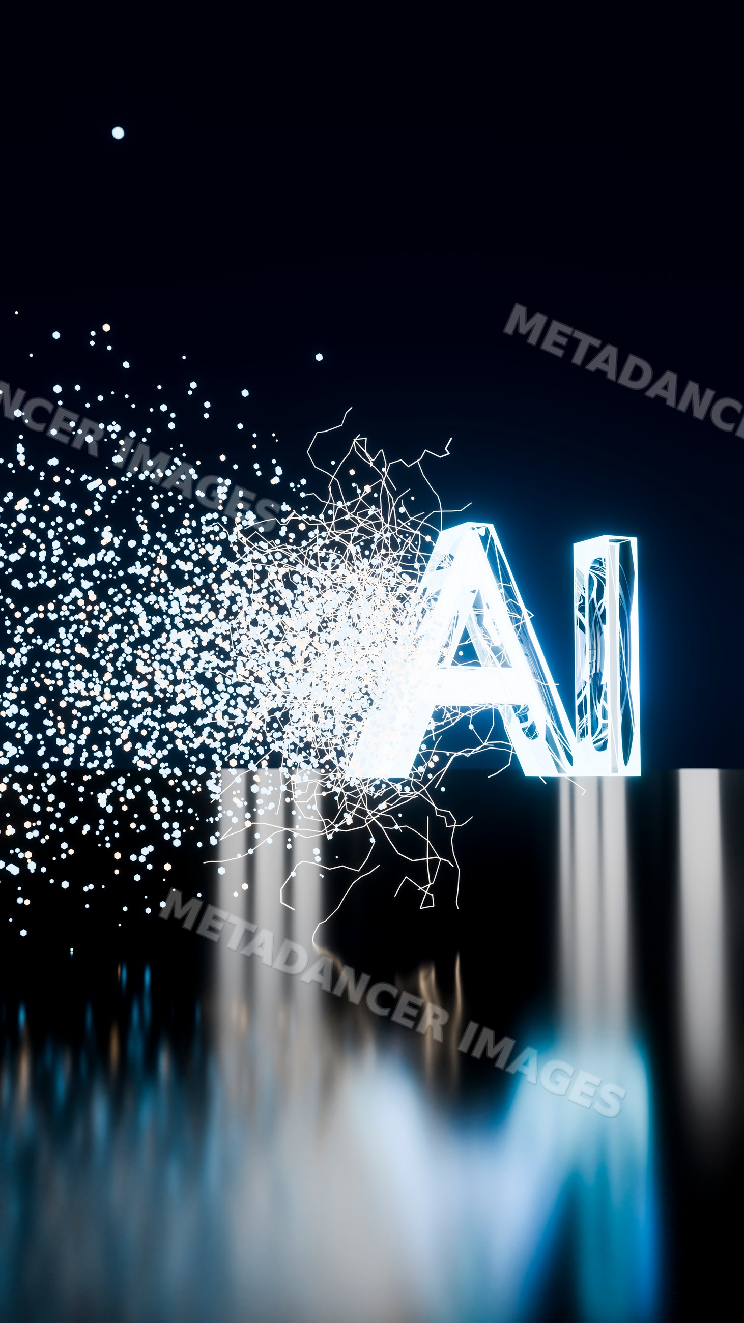 Bright glowing ai letters with digital particles and network lines