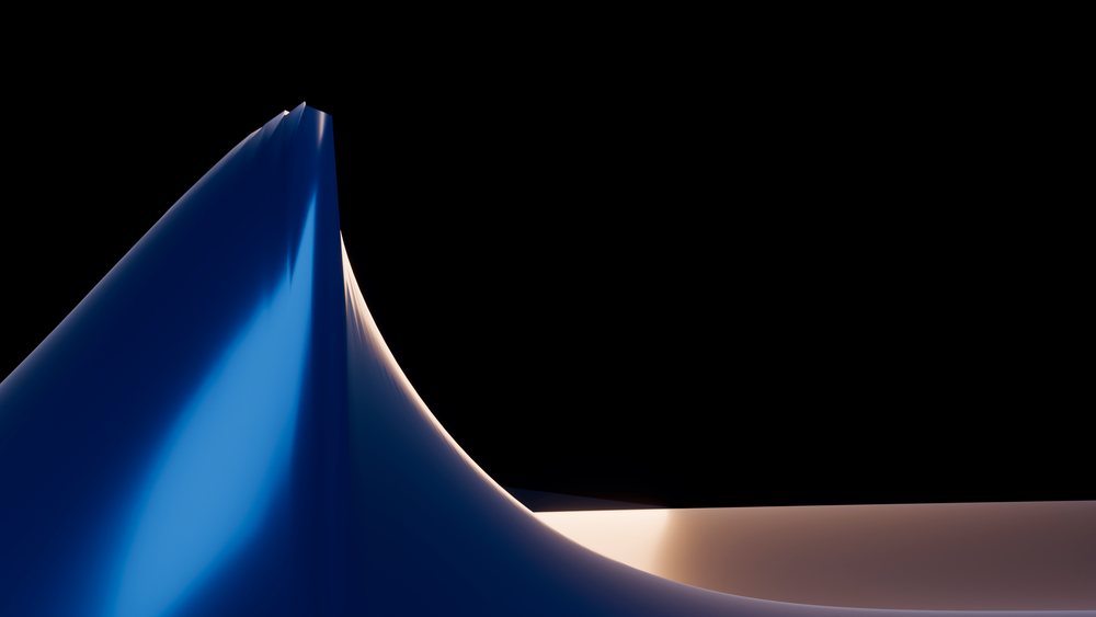 Blue abstract curved sculpture with smooth shiny surface