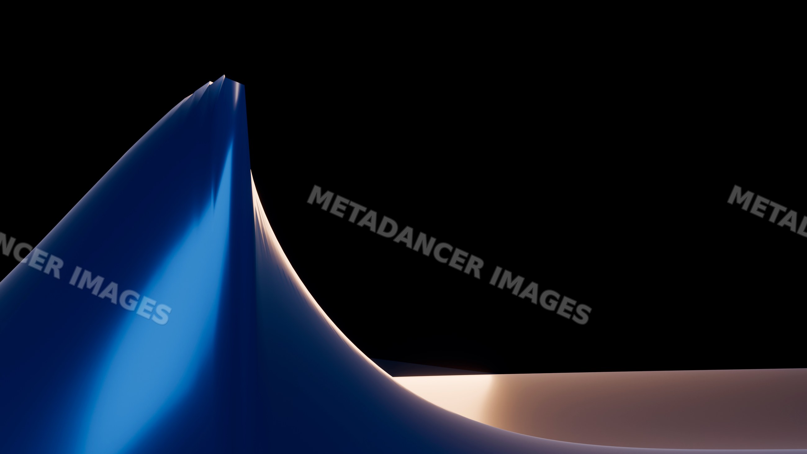 Blue abstract curved sculpture with smooth shiny surface