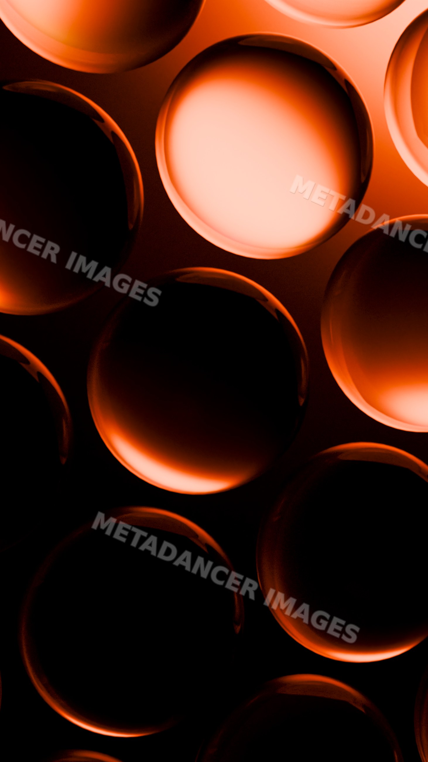 Orange glowing glass spheres arranged in abstract pattern