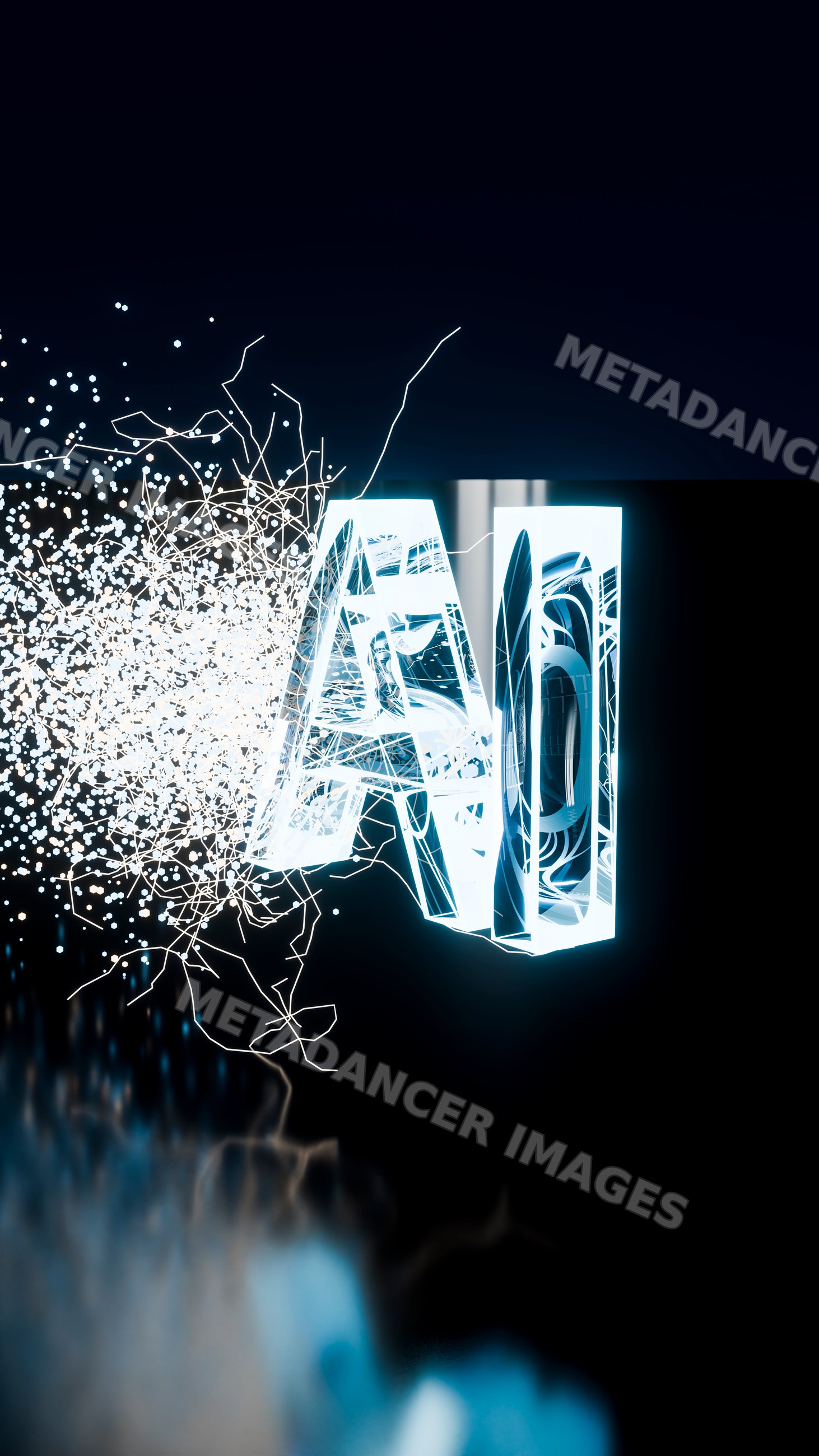 Glowing 3d ai letters with digital light particles and electric
