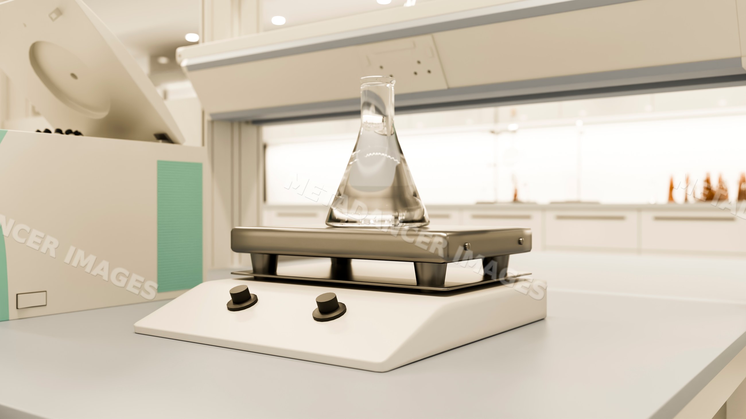 Laboratory flask on magnetic stirrer in laboratory environment