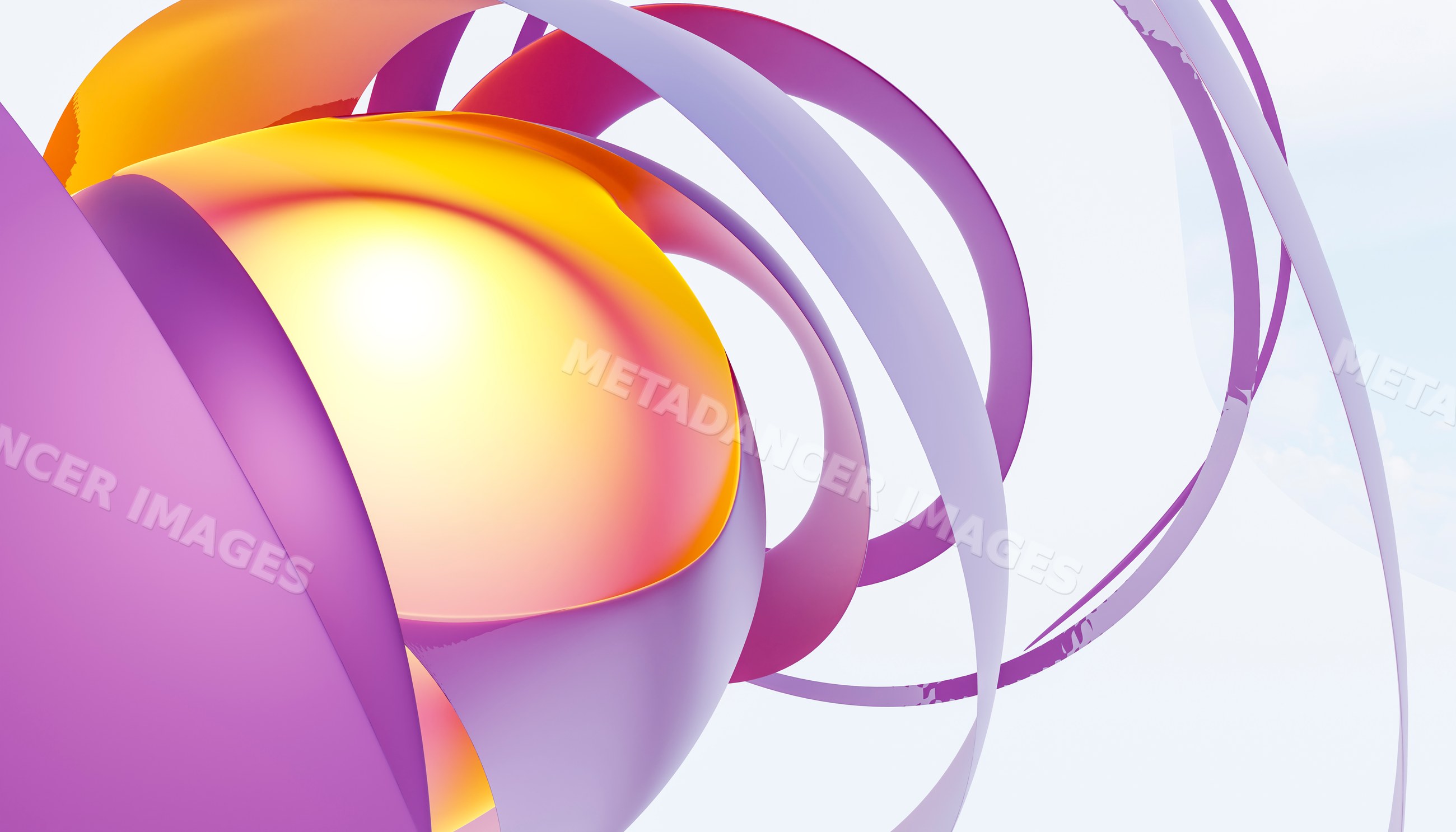 Modern 3d illustration of glowing orb with purple swirling ribbons
