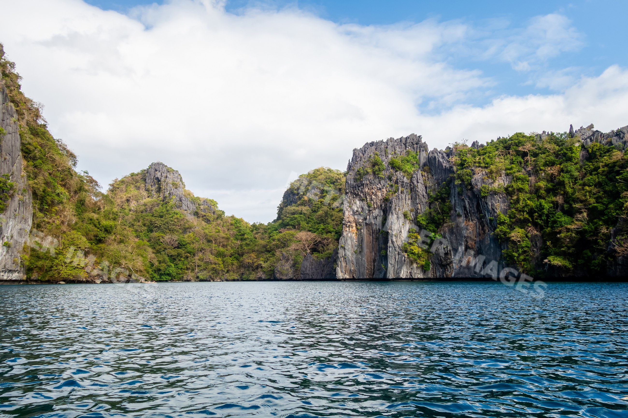 Limestone cliffs over blue water with tropical vegetation