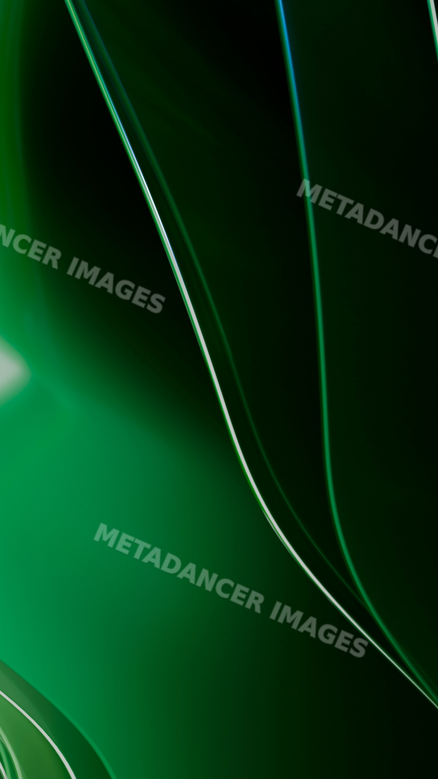 Curved green glass surfaces with reflective abstract design