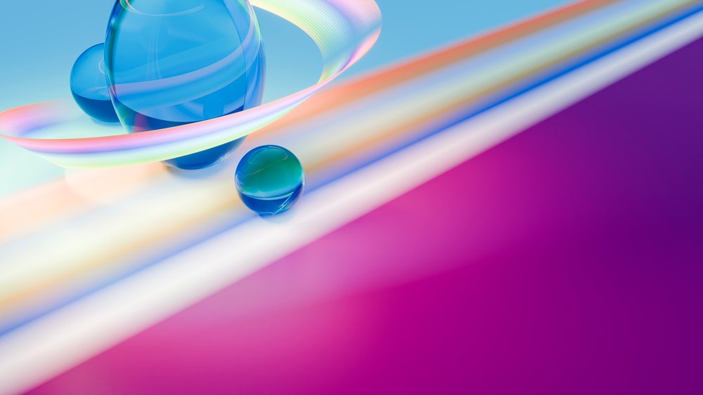 Blue transparent spheres with colorful gradient light abstract