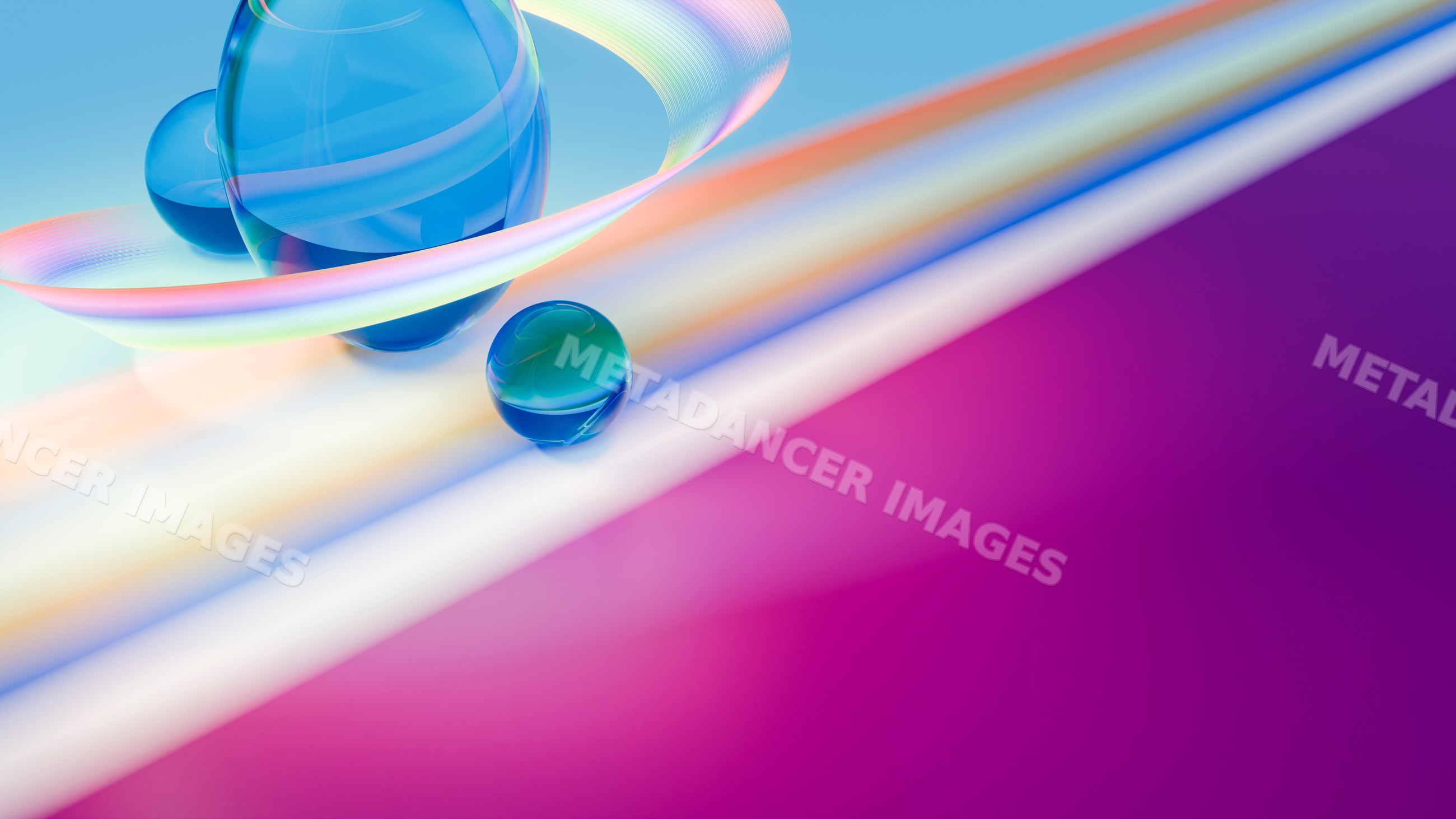 Blue transparent spheres with colorful gradient light abstract