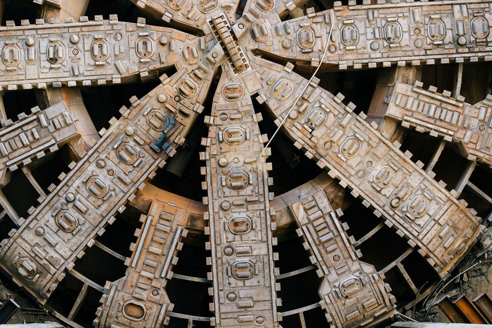 Close-up view of a tunnel boring machine drill head used