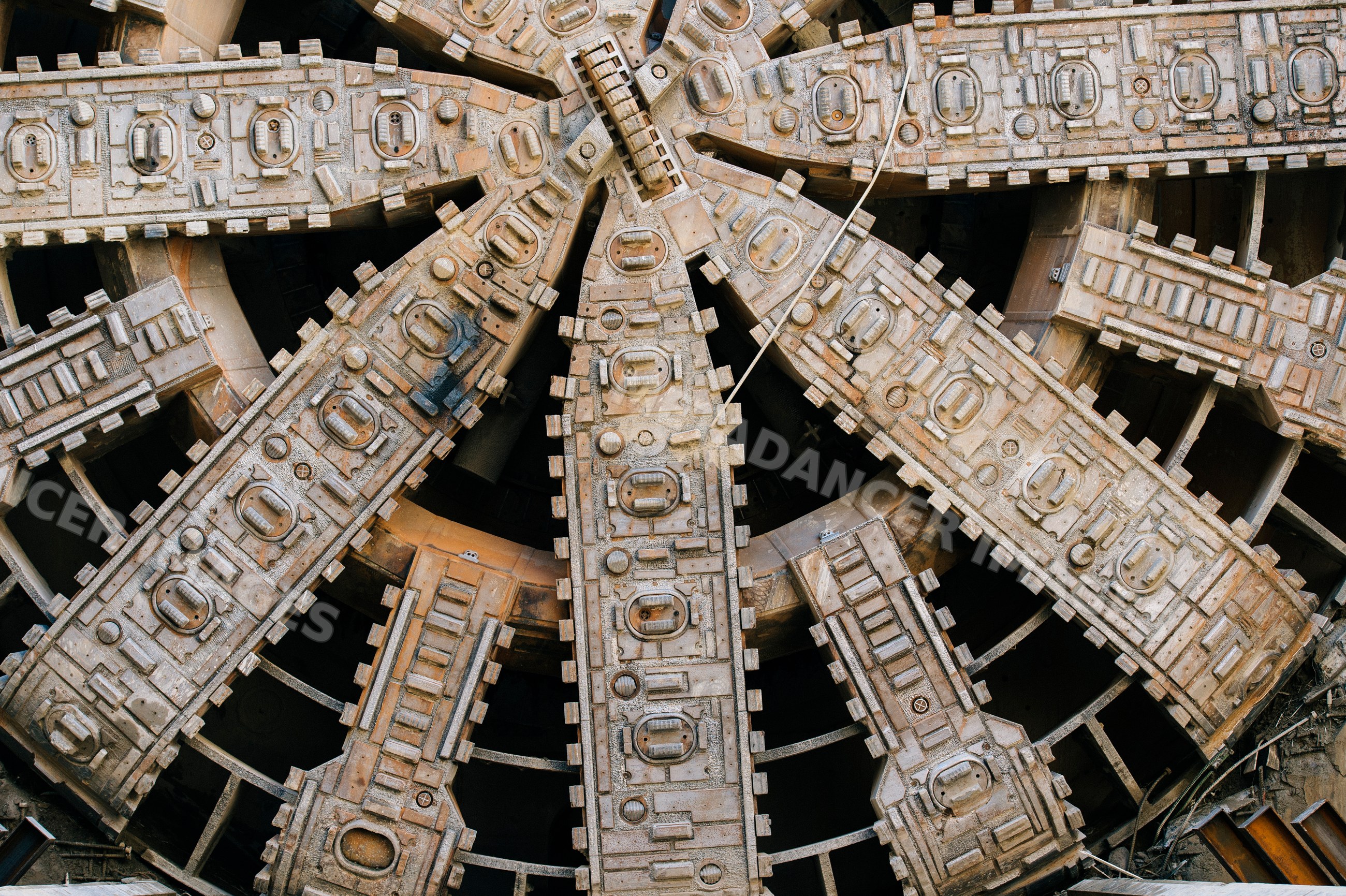 Close-up view of a tunnel boring machine drill head used