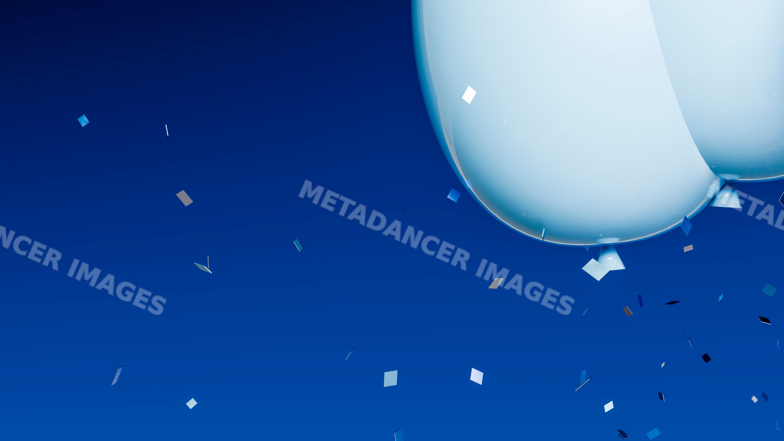 Blue balloon floating with scattered confetti in clear deep blue sky