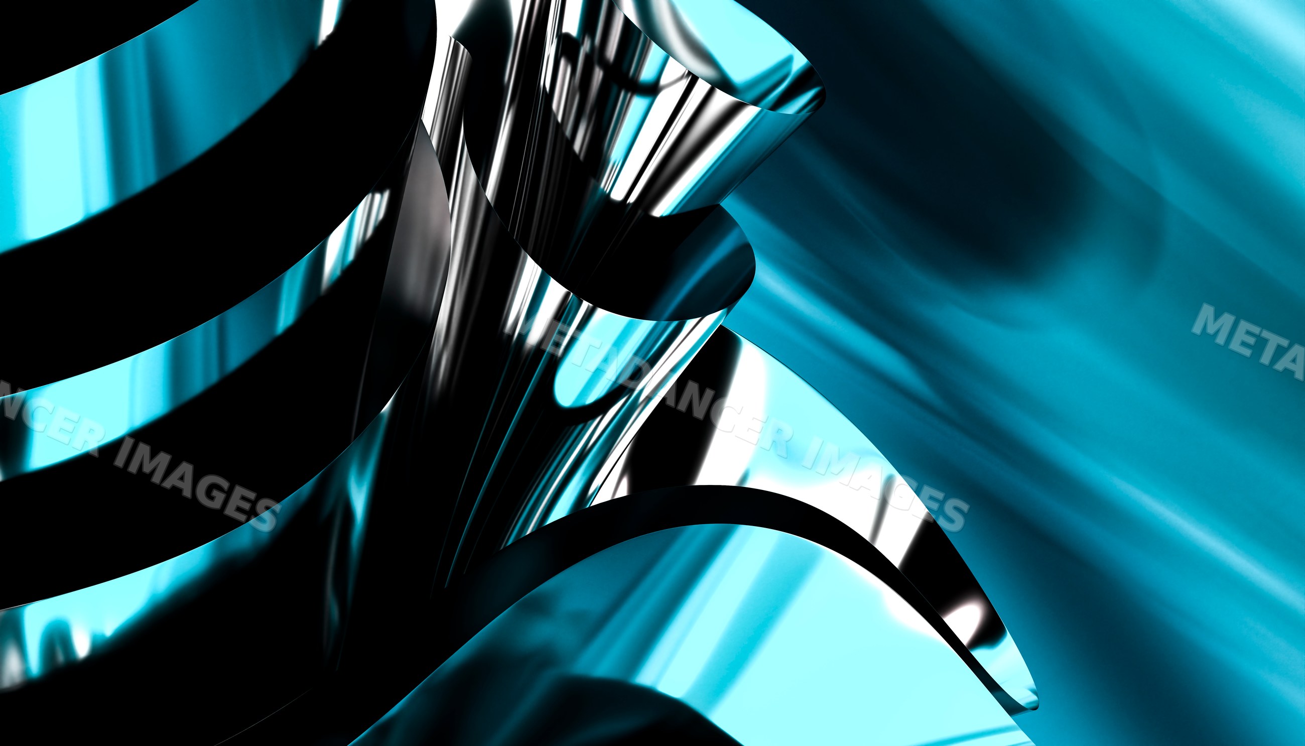 Abstract metallic shiny curved ribbons with blue reflections