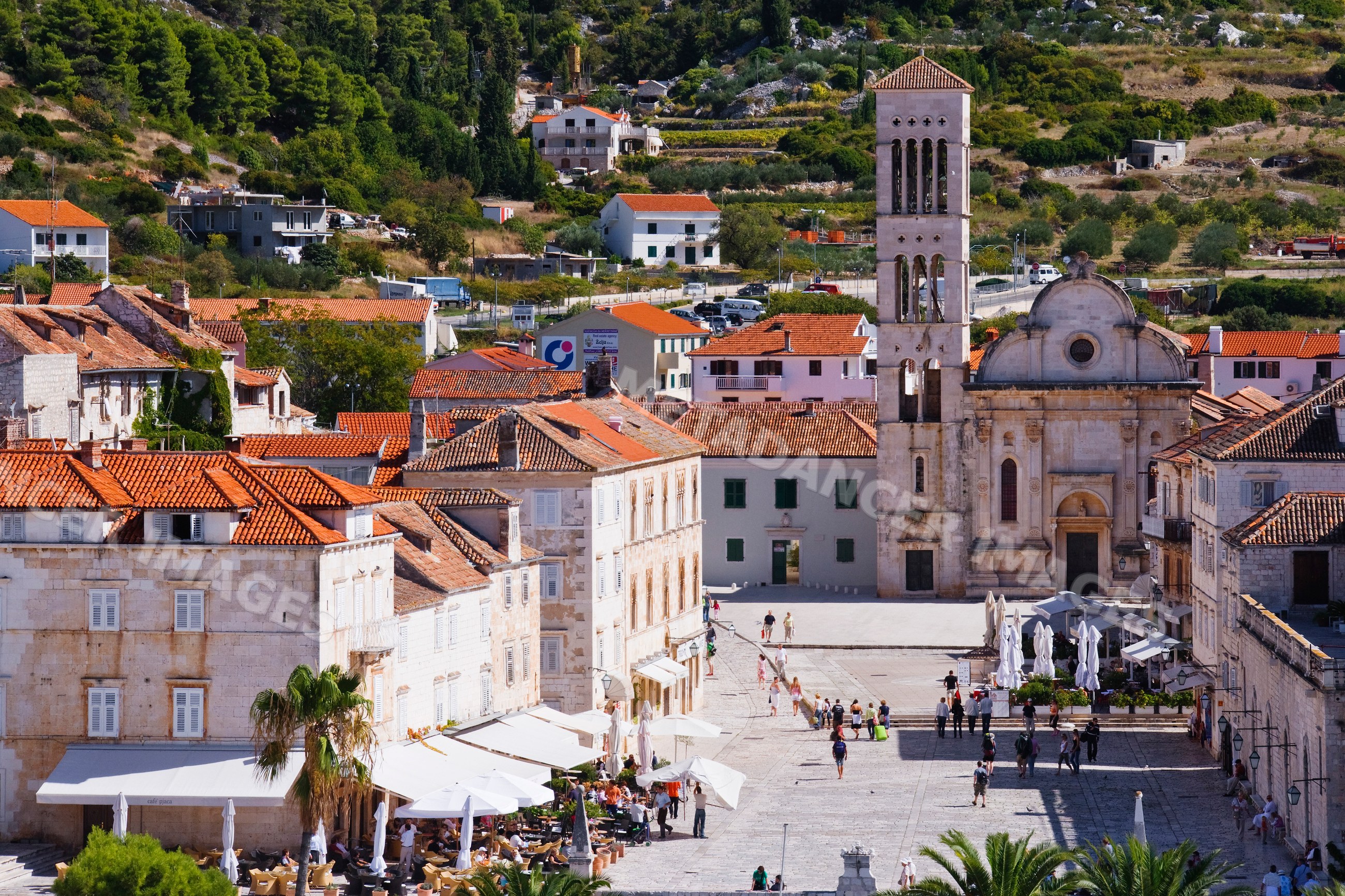 Town square with cathedral and cafes, croatia