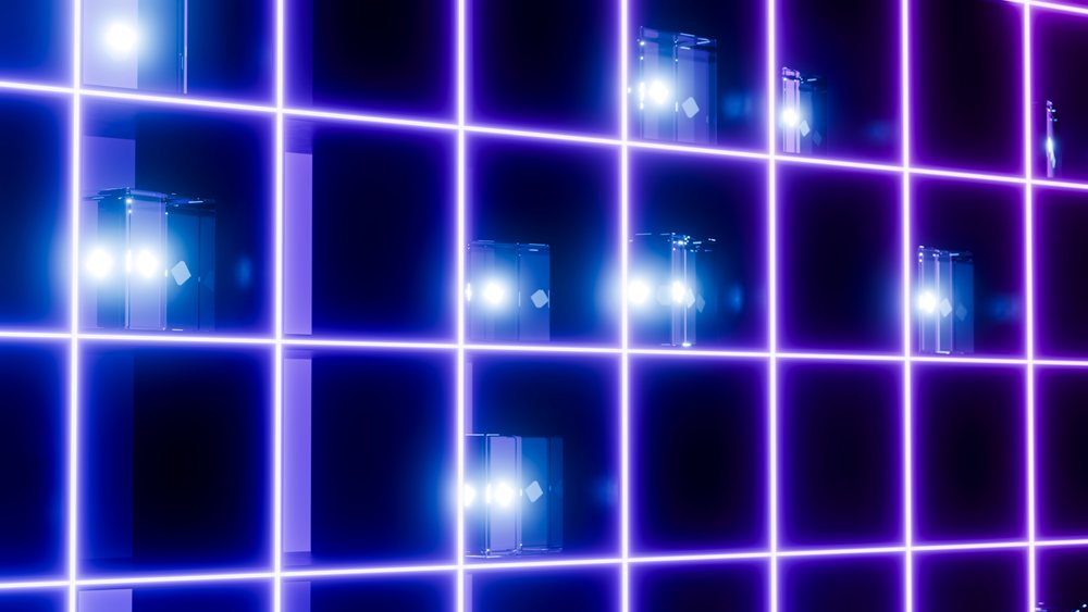 Neon grid with purple glowing lines and blue light reflections