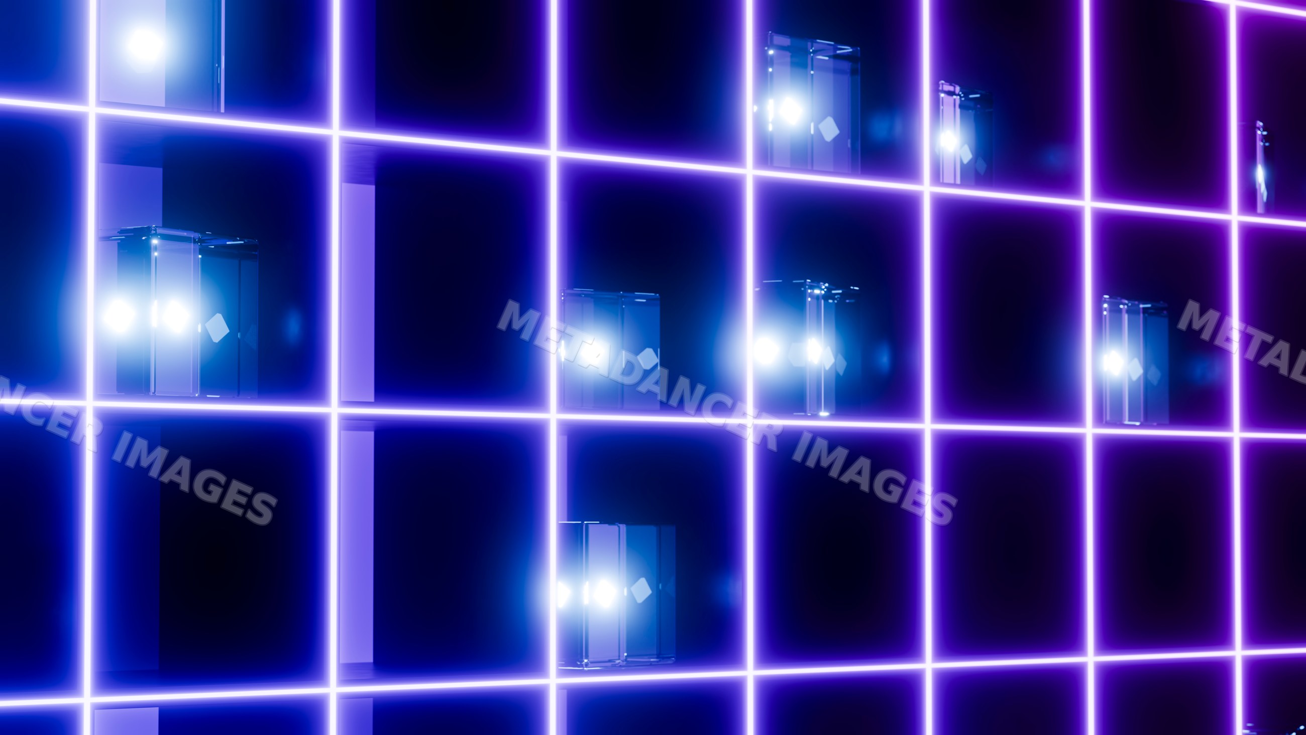 Neon grid with purple glowing lines and blue light reflections