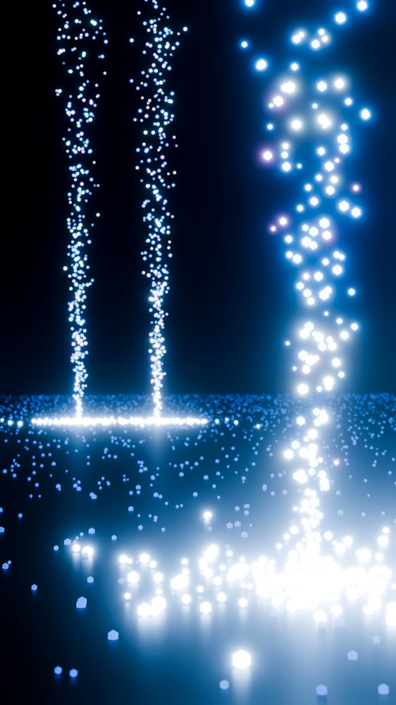 Digital light particles forming glowing columns in abstract display