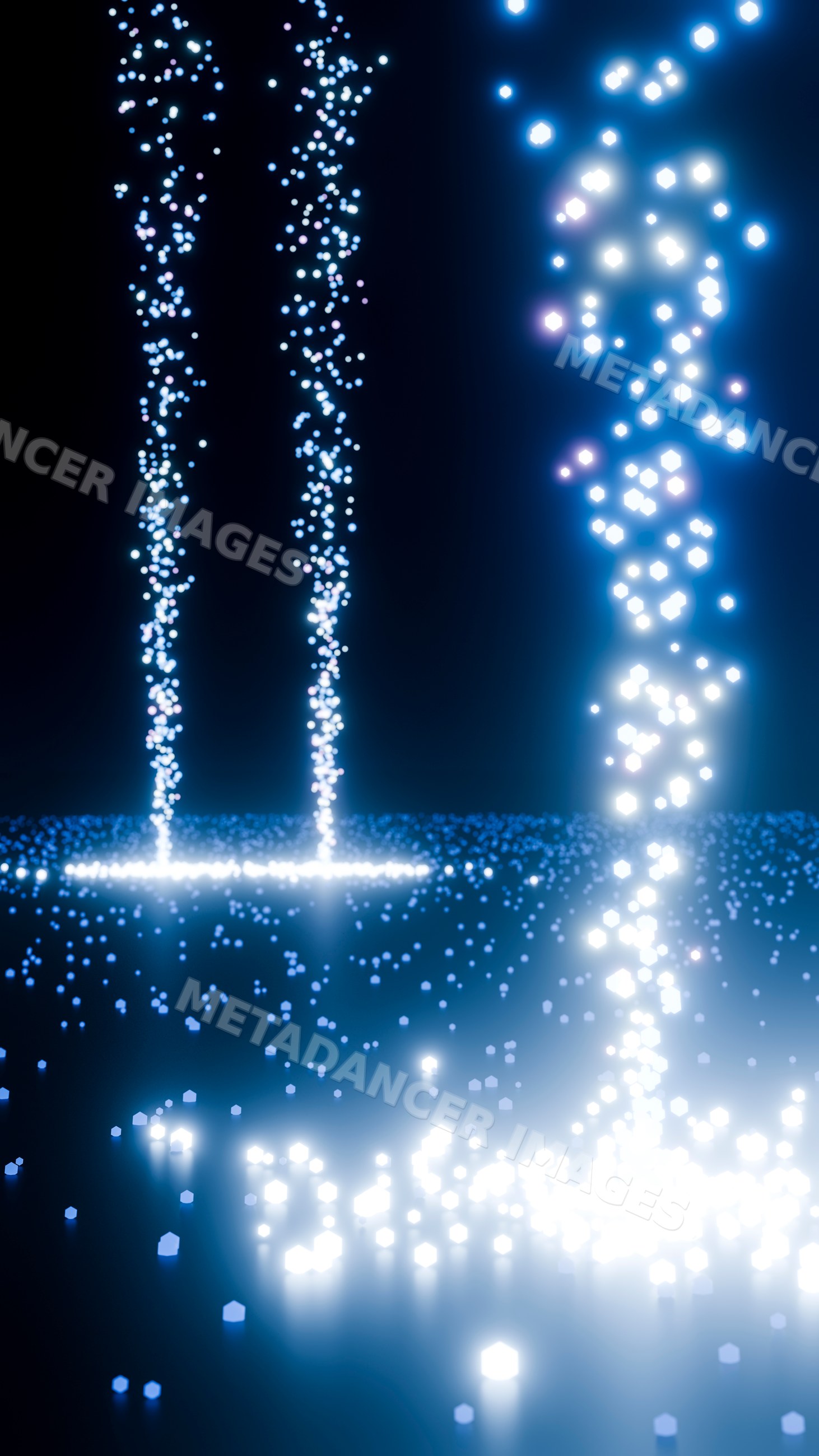 Digital light particles forming glowing columns in abstract display