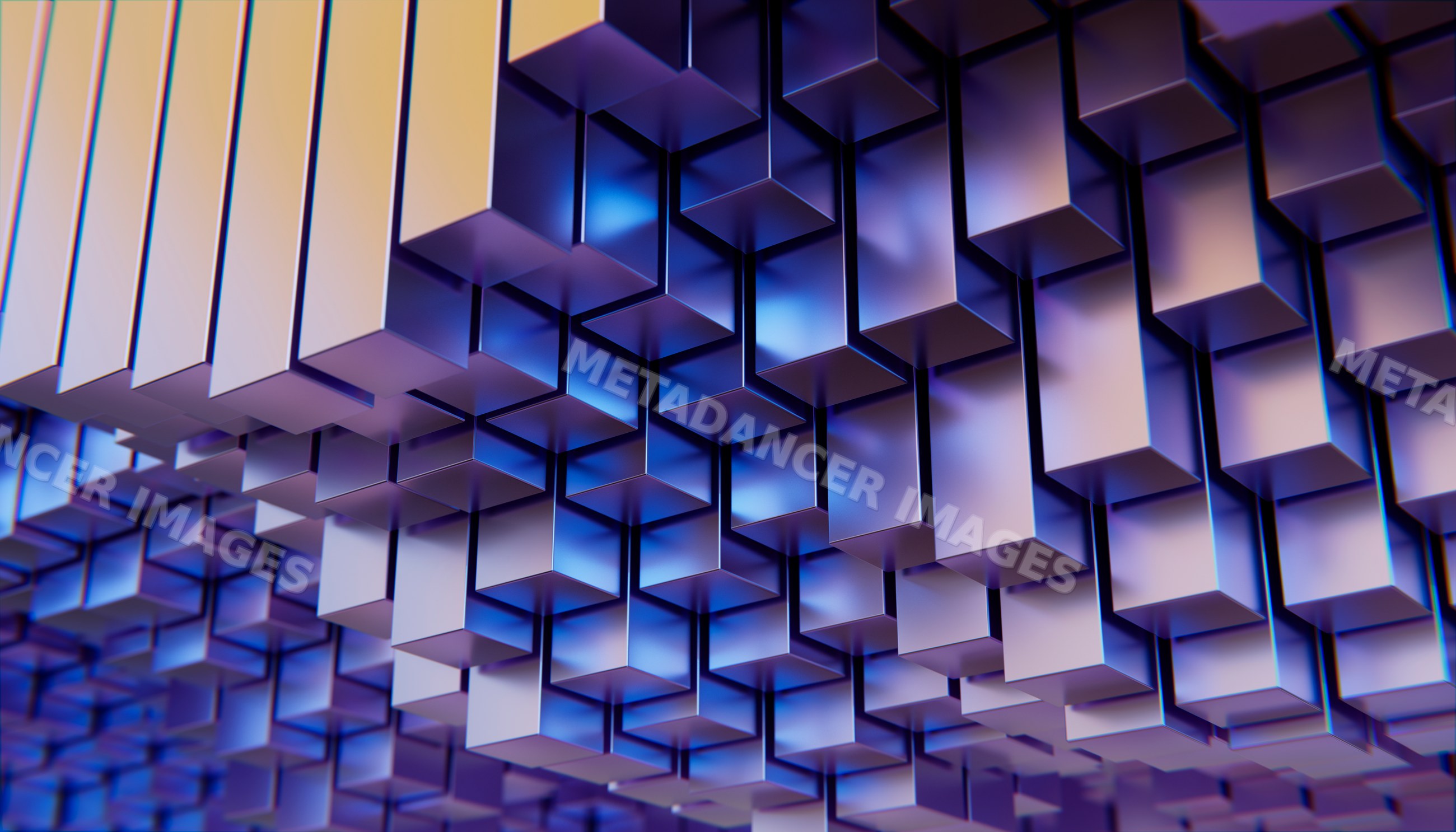 Digital abstract metallic blue and silver cubes forming a geometric