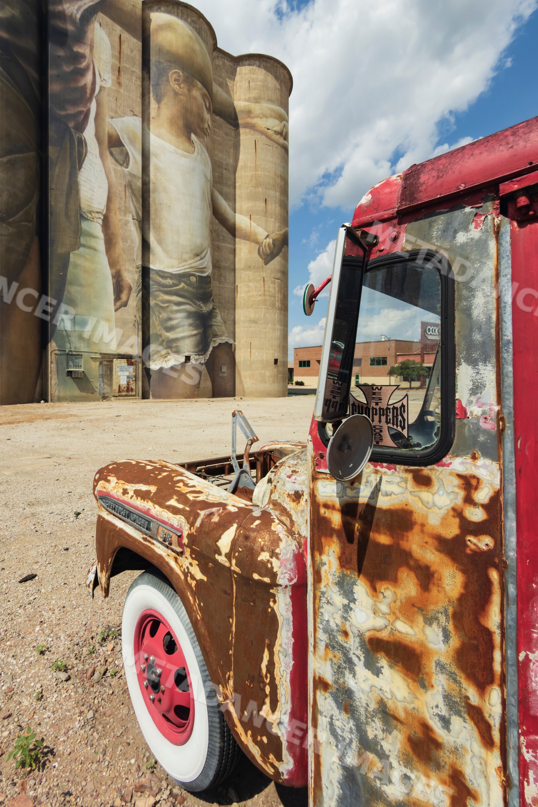 Grain Silo with mural and vintage Chevrolet Apache truck