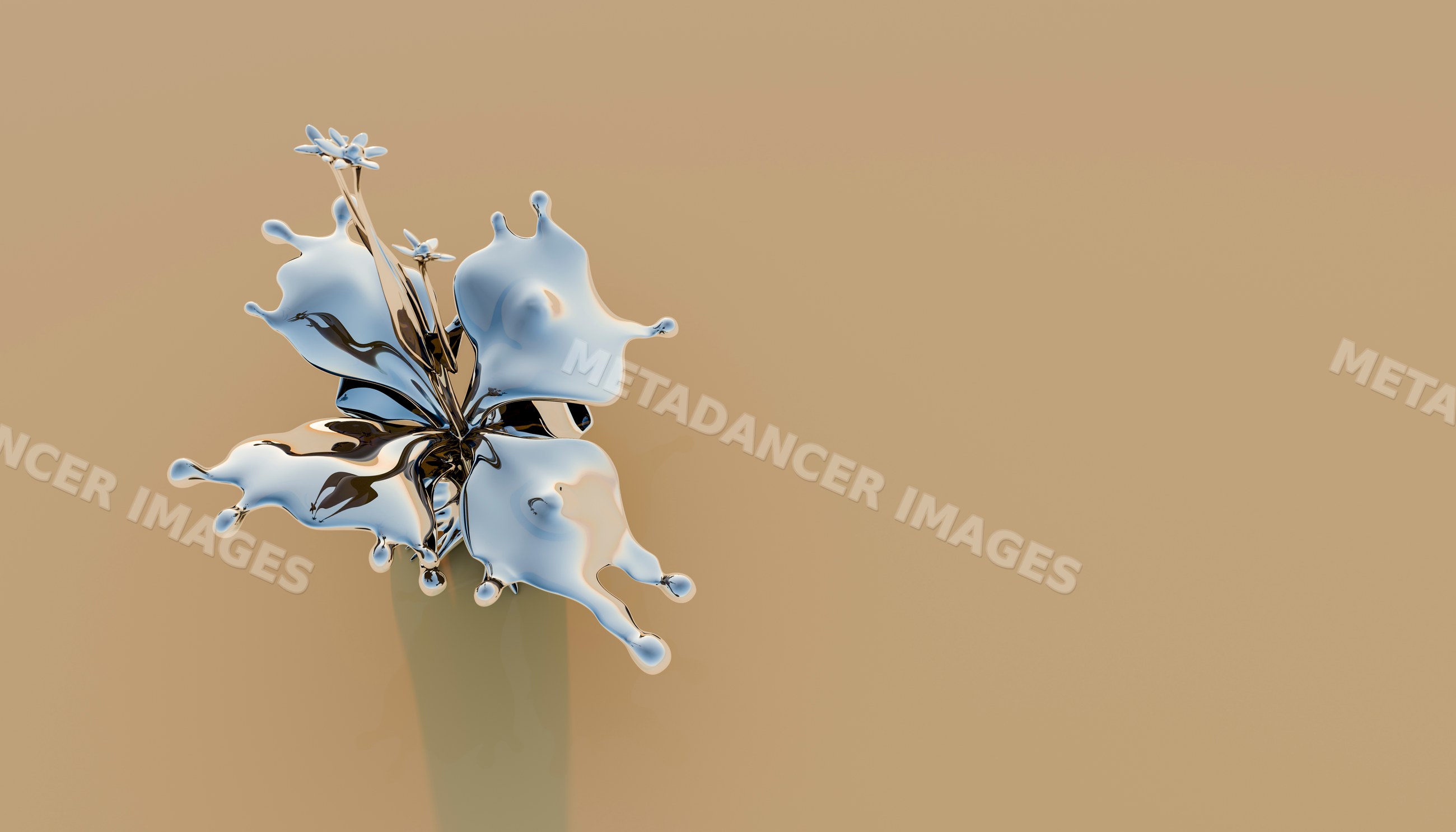Silver liquid splash shaped like a flower on beige background