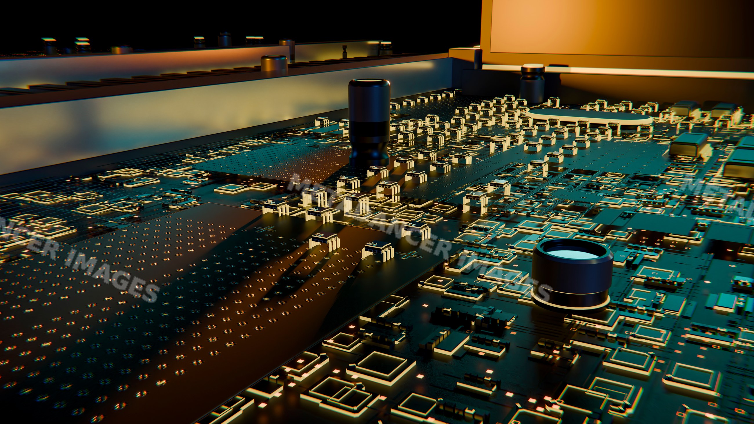 Close-up of electronic circuit board with capacitors, resistors