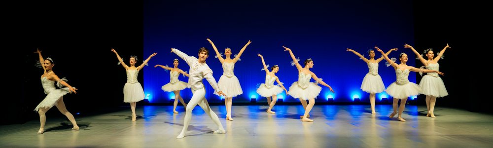 Ballet dancers perform a classical dance in white tutus on stage