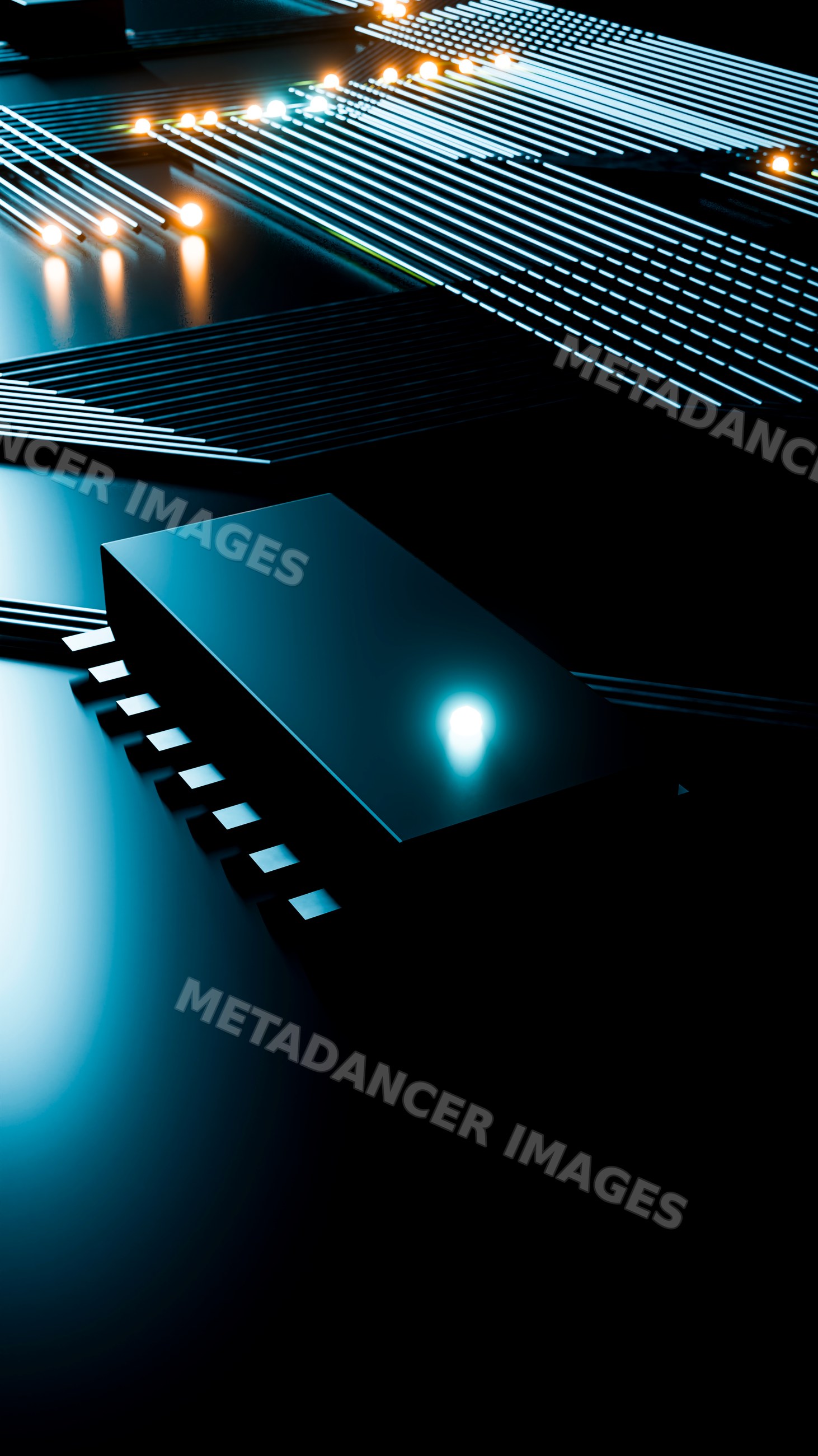 Microchip with glowing led lights on circuit board