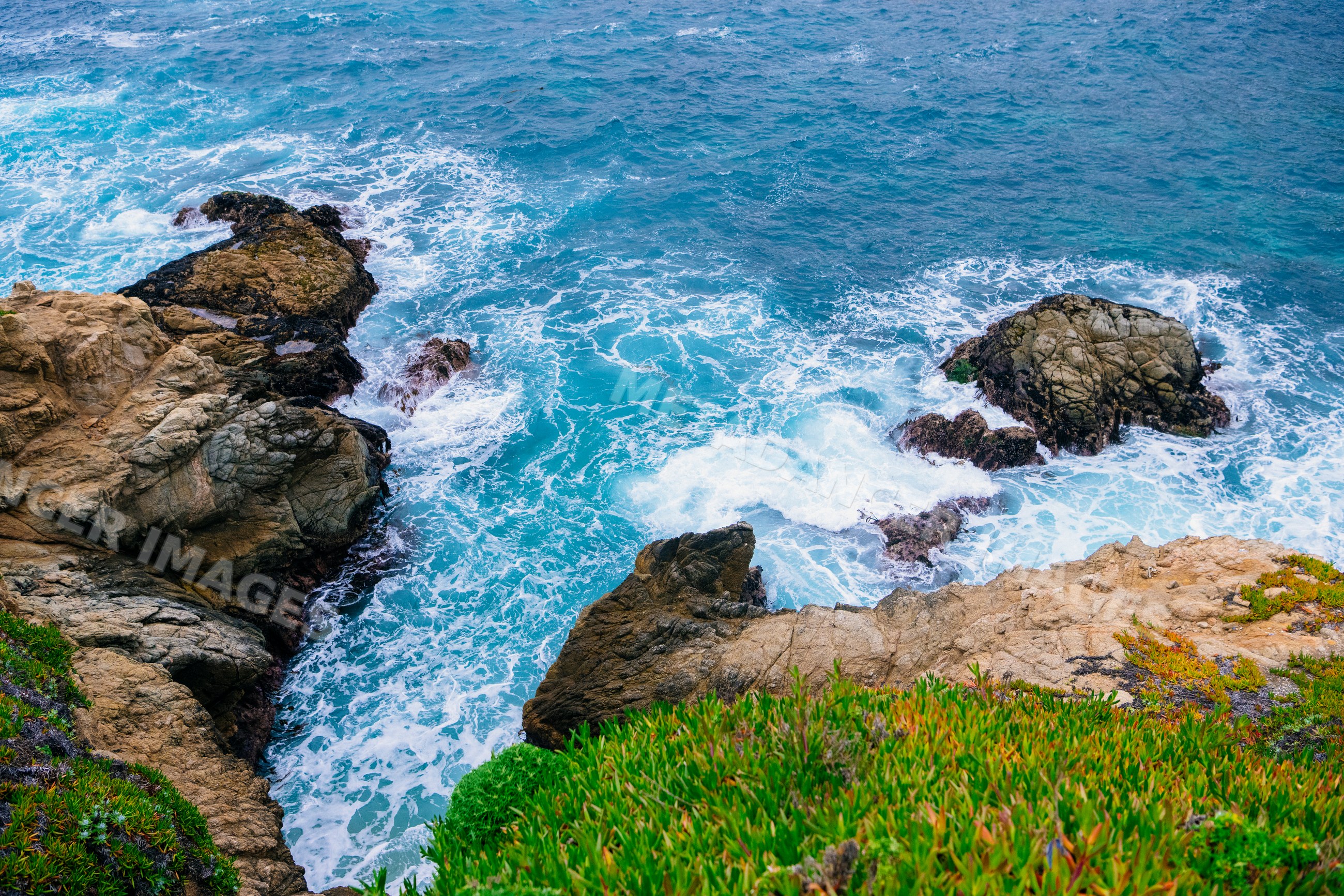 Ocean waves crash on rocky coastline with green coastal plants