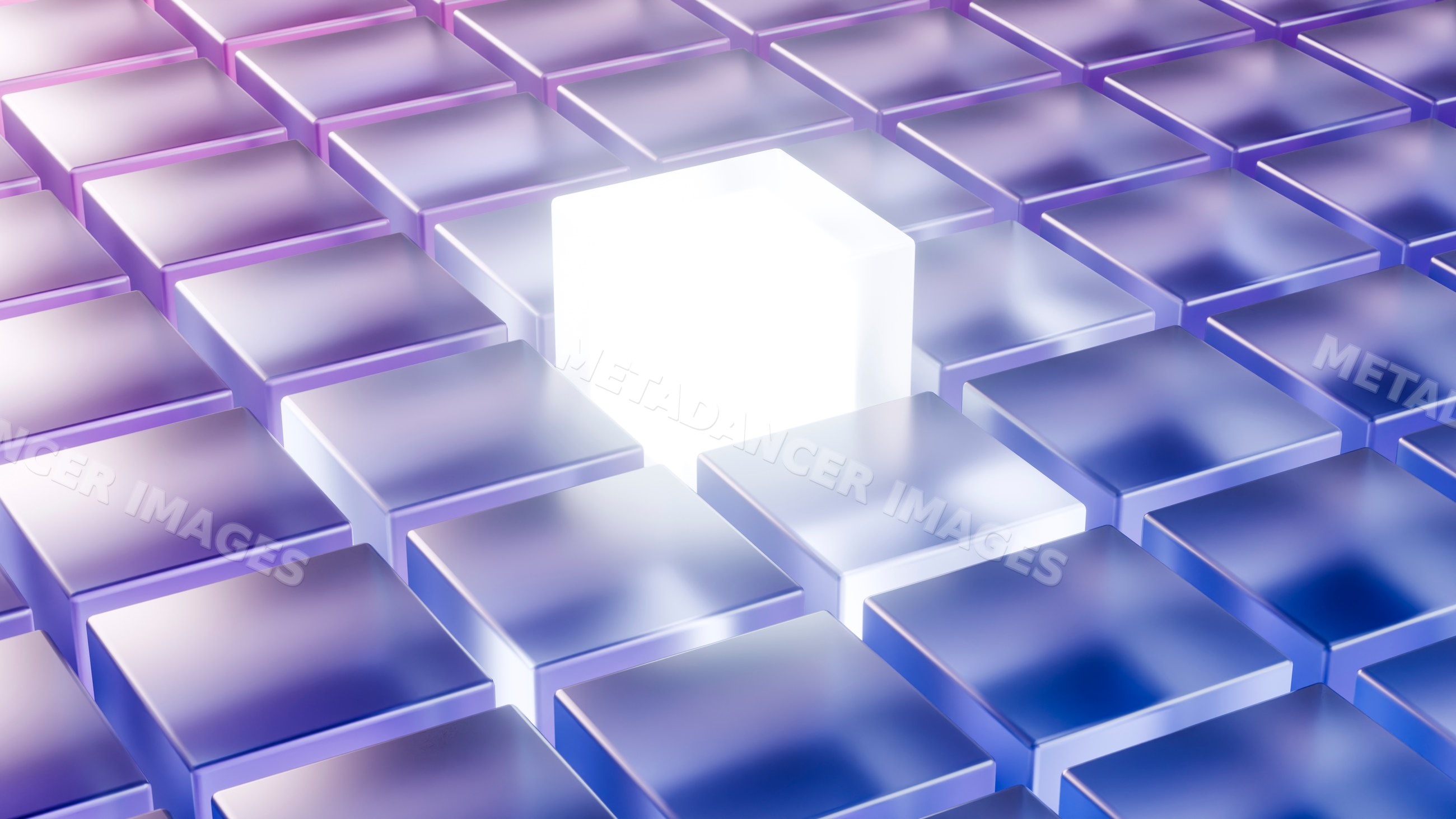 Glowing white cube in abstract purple and blue 3d cube pattern