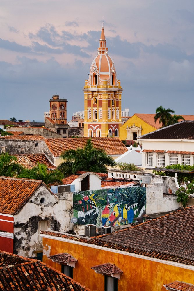 Cartagena cathedral tower over rooftops, colombia
