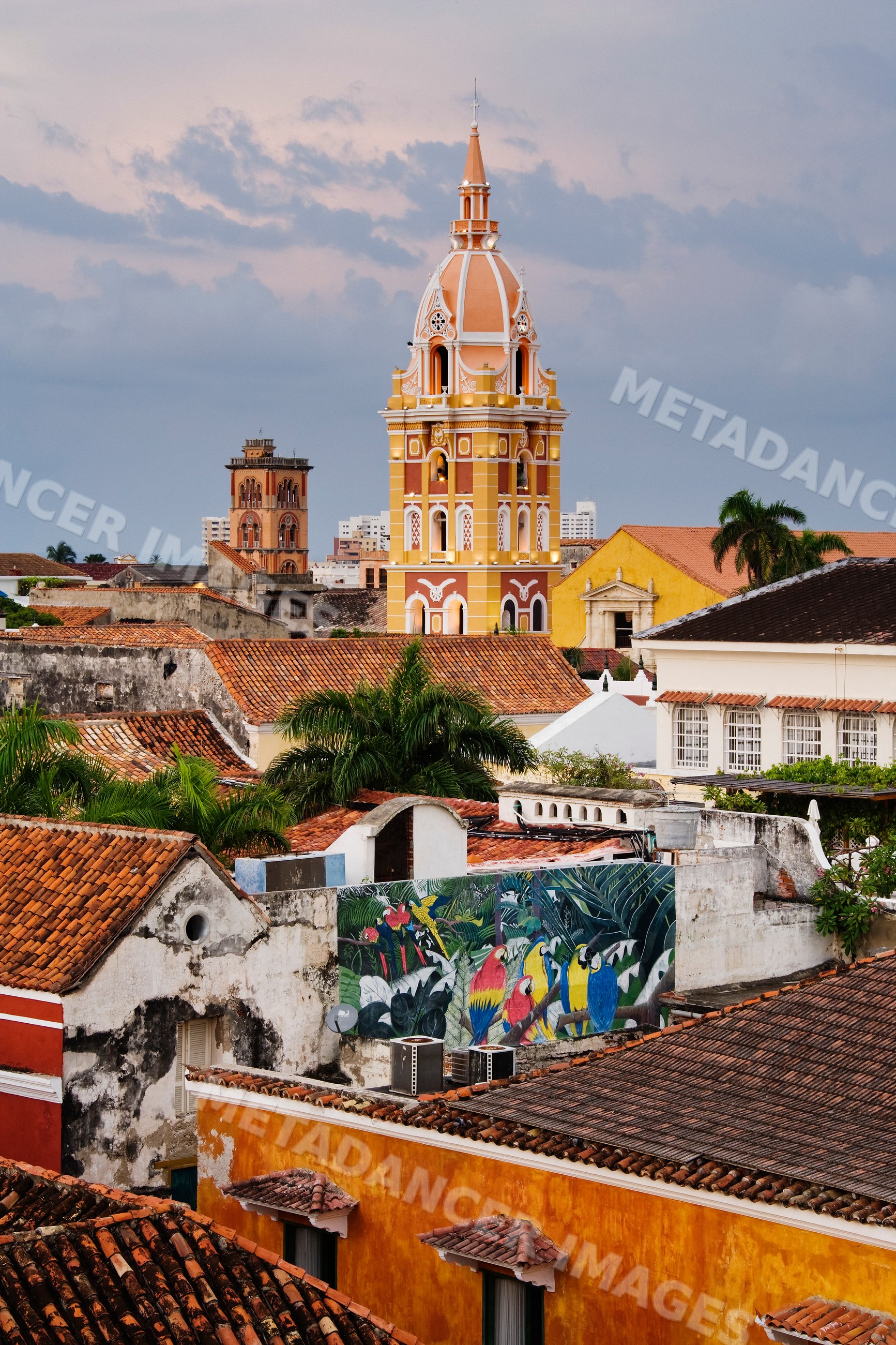 Cartagena cathedral tower over rooftops, colombia