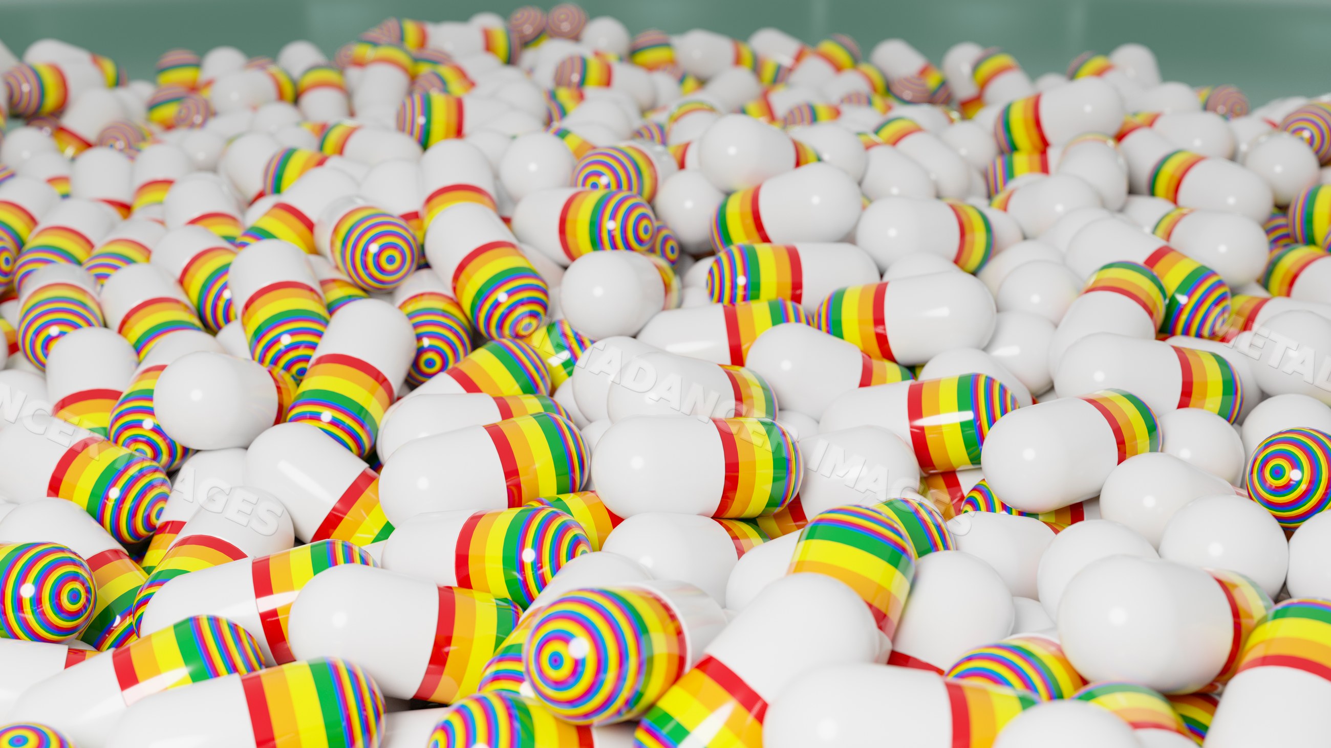 Pile of white medication capsules with rainbow-colored stripes