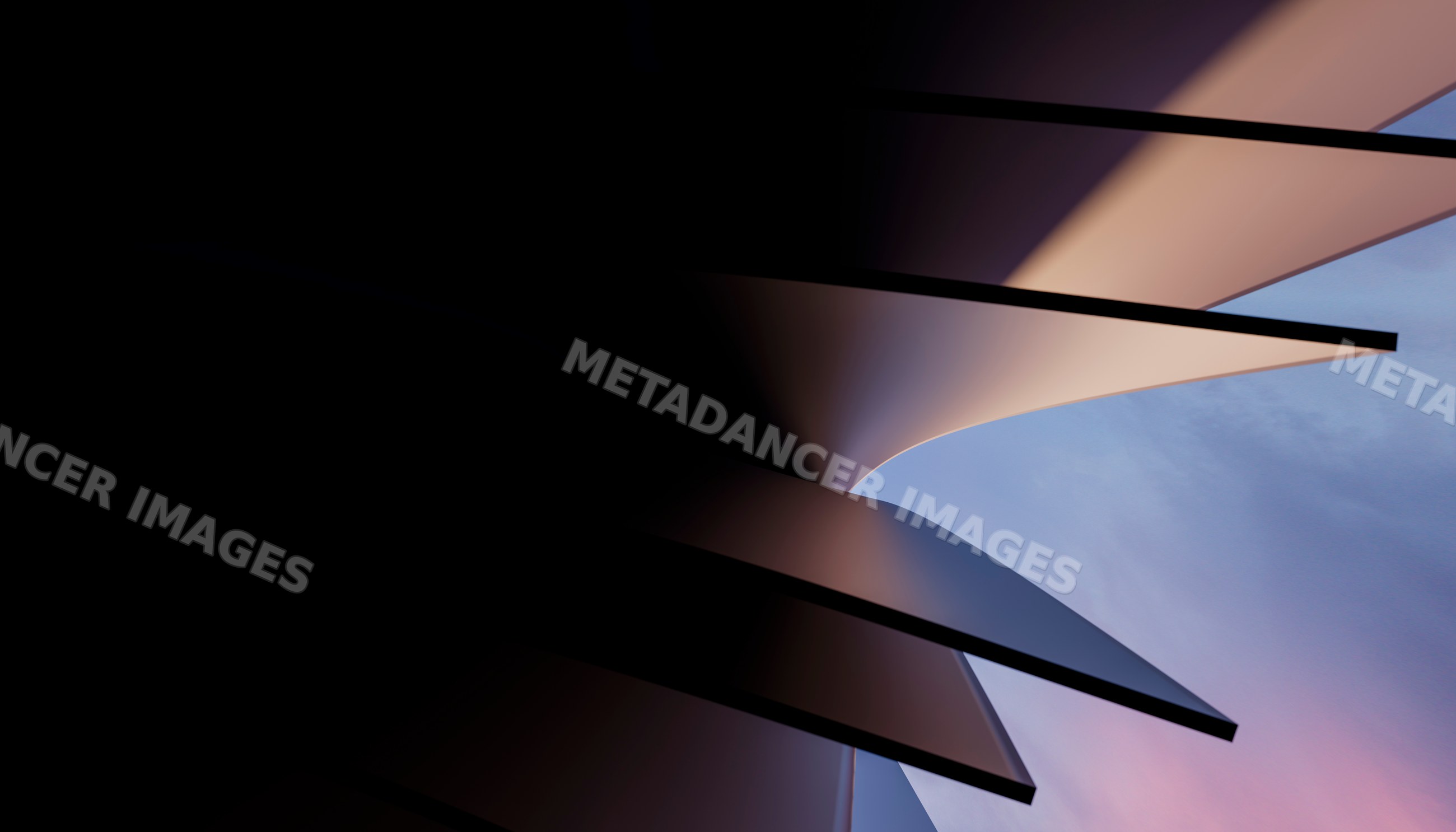 Abstract rendering of modern curved architectural structure at sunset