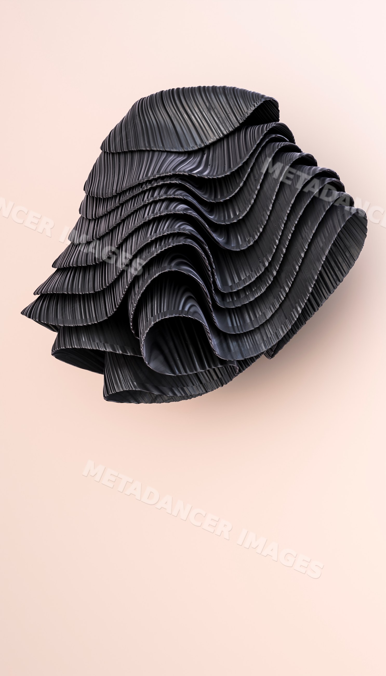 Black abstract sculpture with wavy folded texture