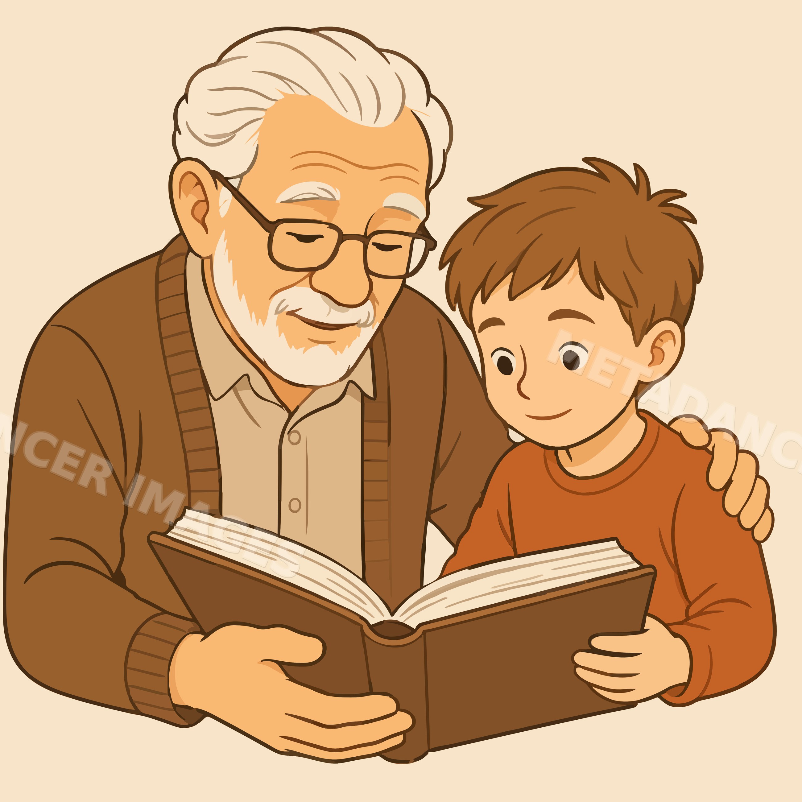 Grandfather and grandson reading a book together
