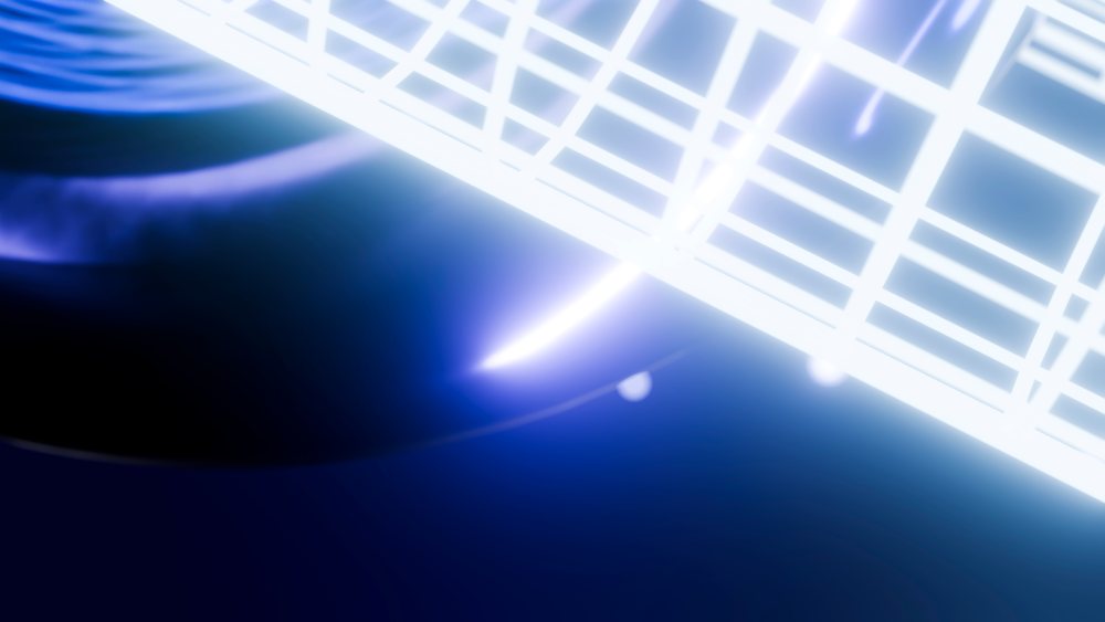 White glowing grid reflected on smooth blue surface in abstract scene