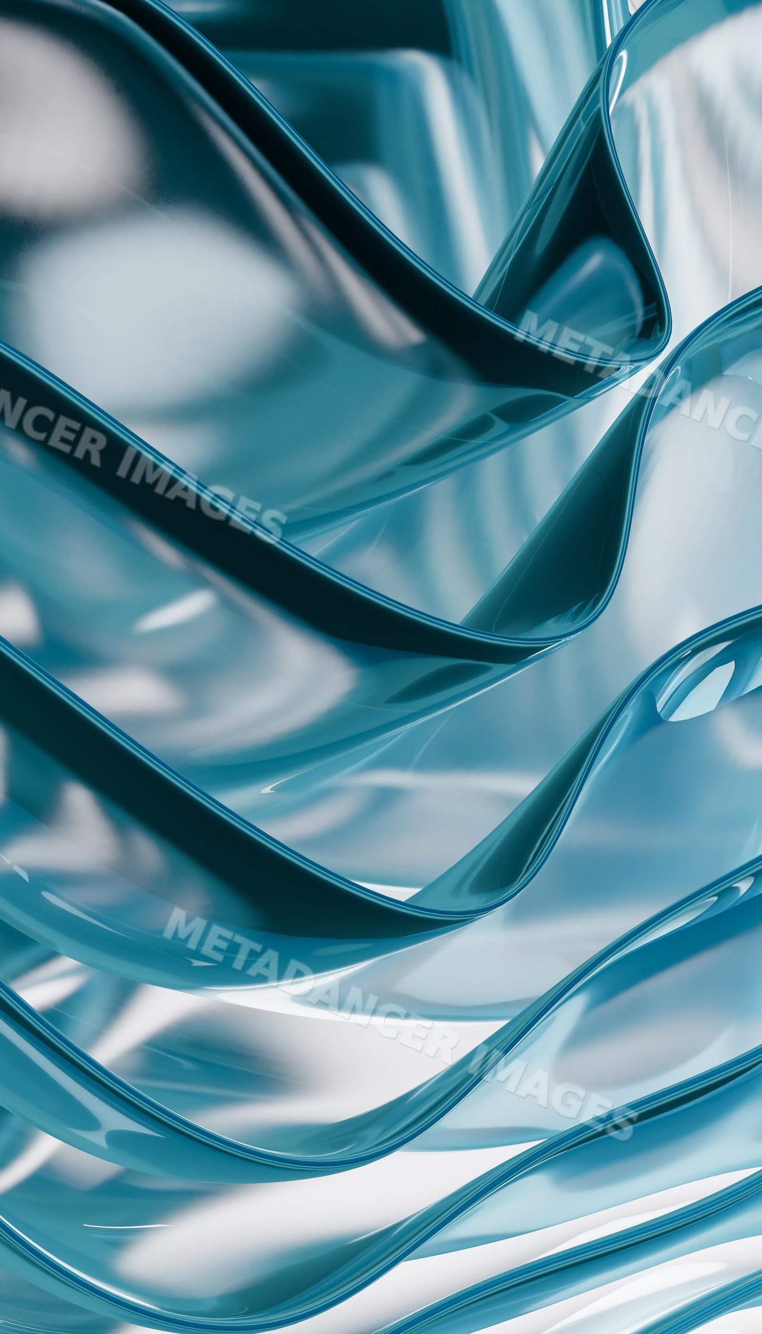 Abstract blue fluid wave shapes with smooth reflective surfaces
