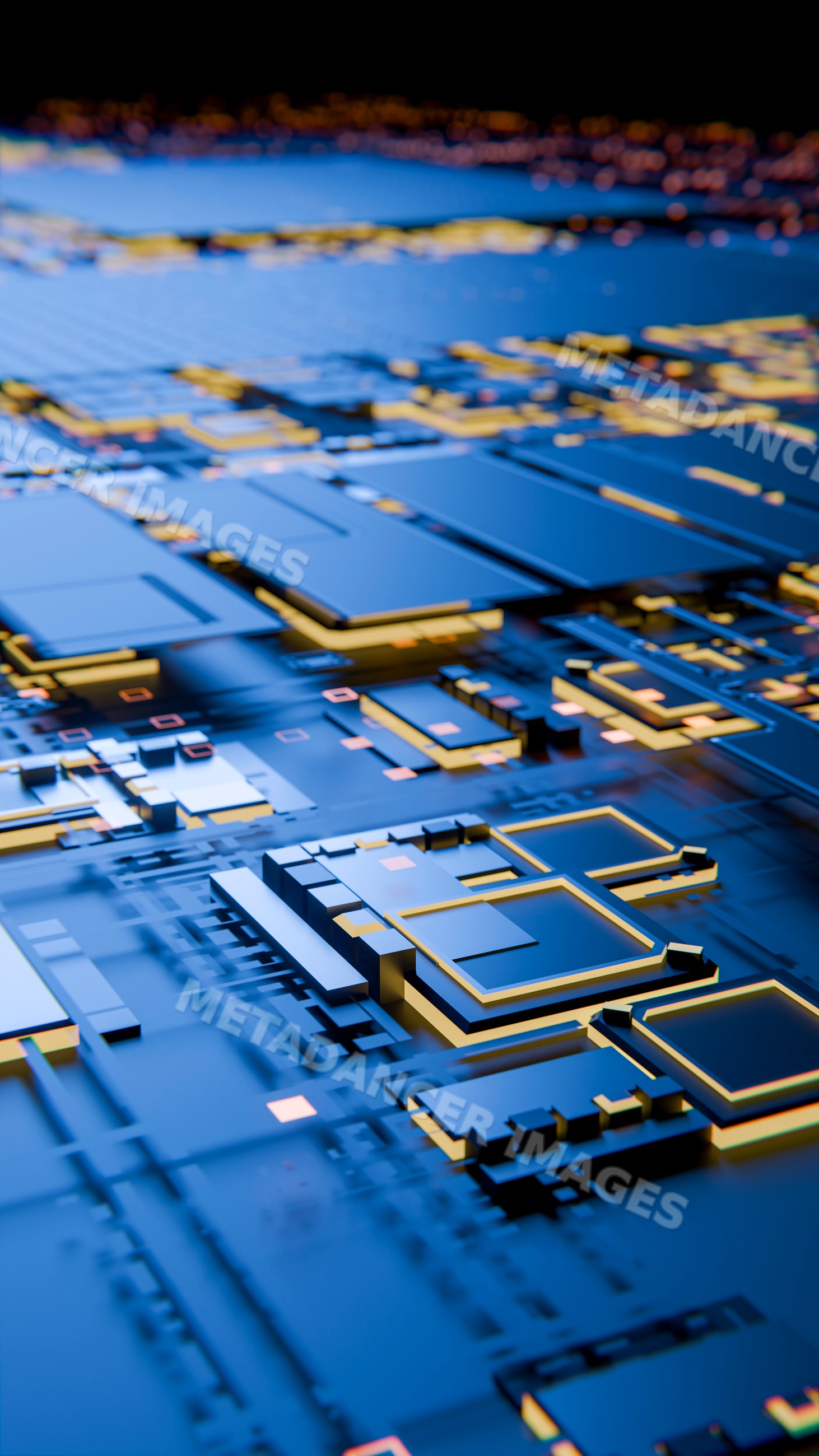 3d render of blue and gold circuit board with microchips