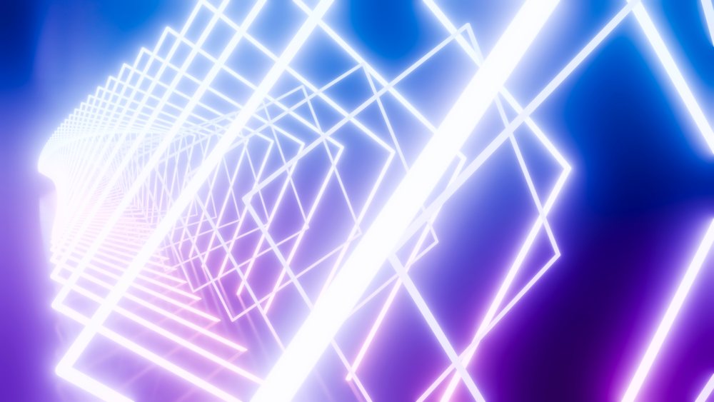 Neon glowing geometric light tunnel digital art with vibrant colors