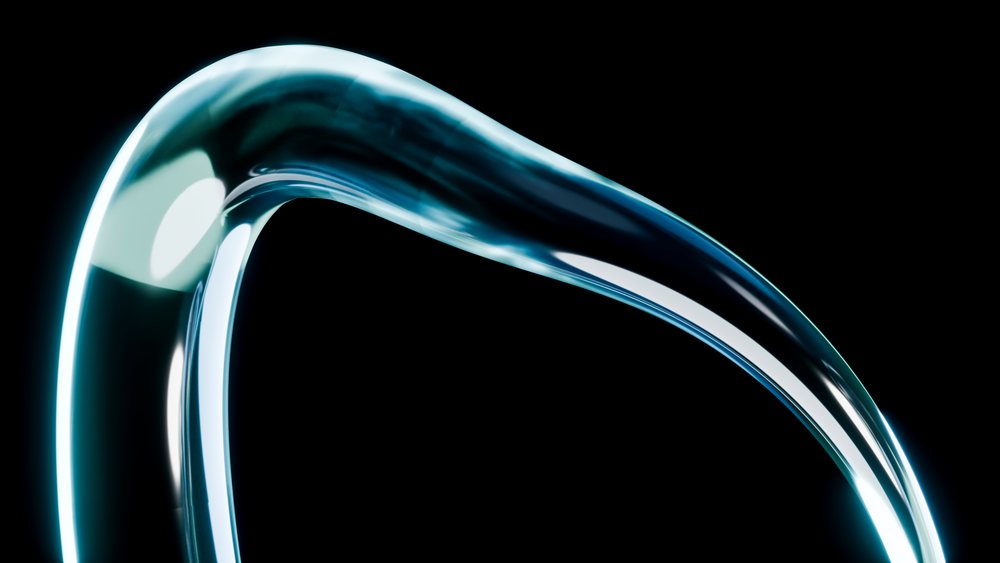 Abstract curved transparent glass liquid shape on dark background