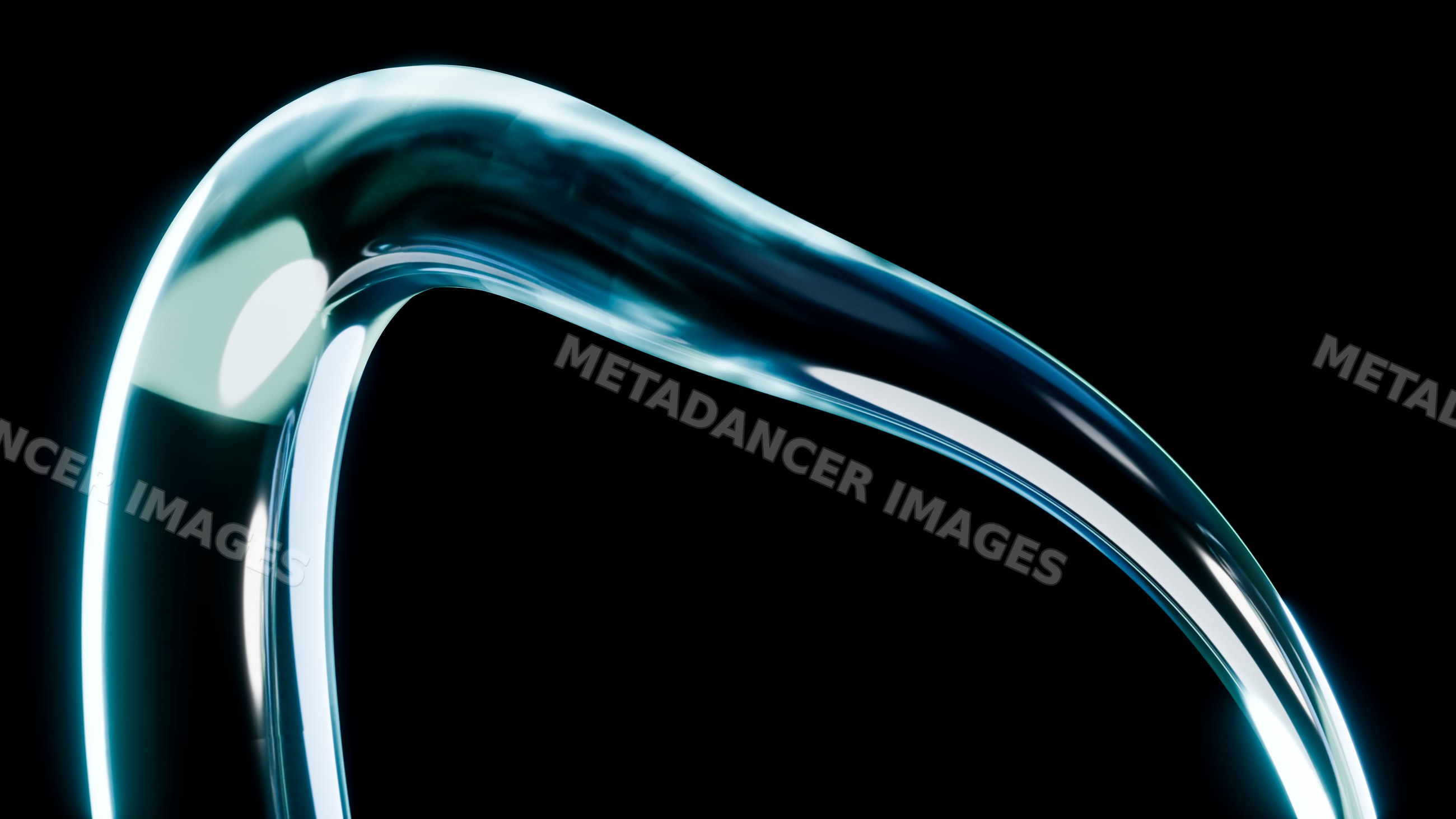 Abstract curved transparent glass liquid shape on dark background