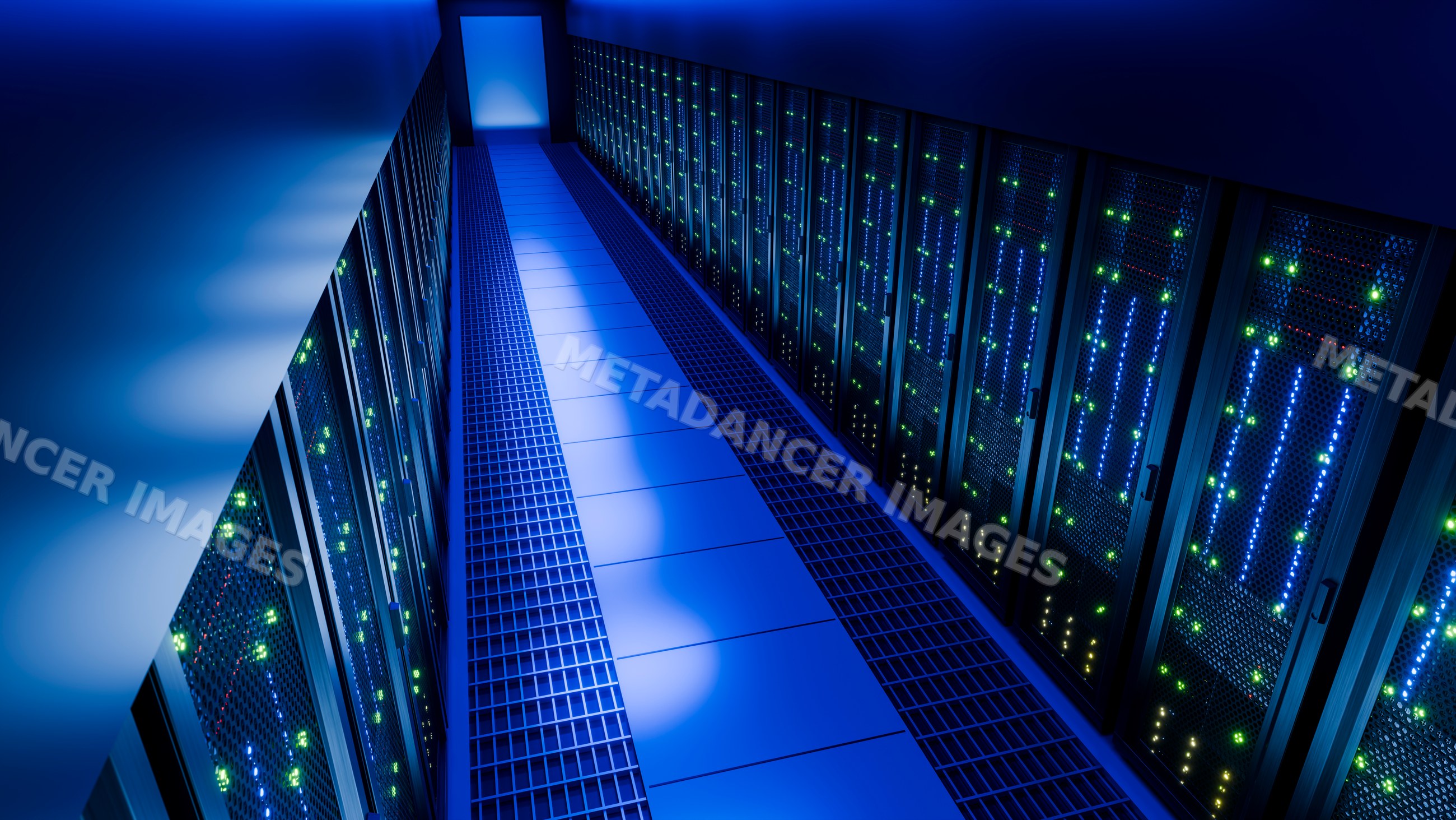 Data center corridor with illuminated server racks and network