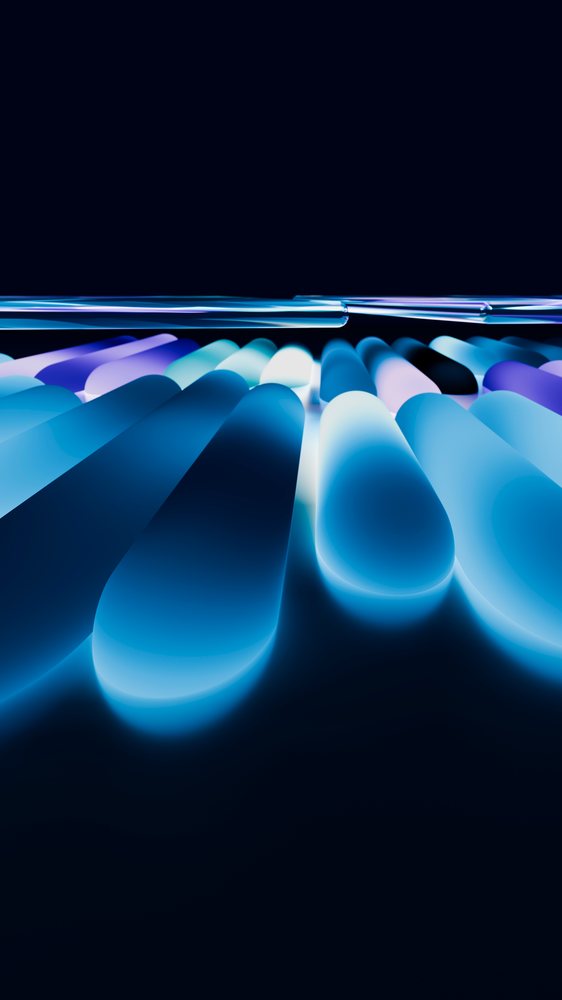 Glowing glass rods illuminated with blue light in digital illustration