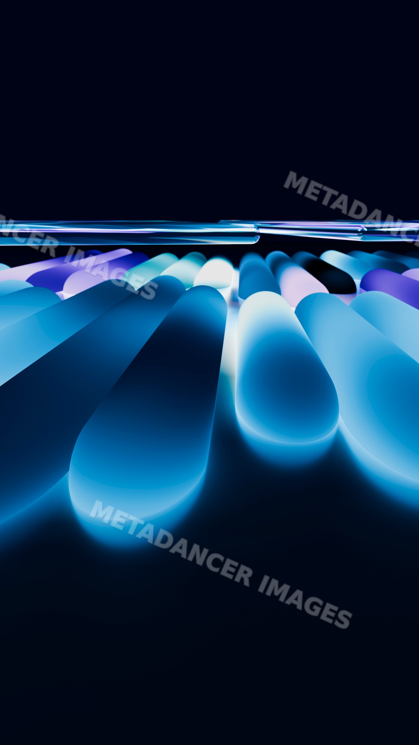 Glowing glass rods illuminated with blue light in digital illustration