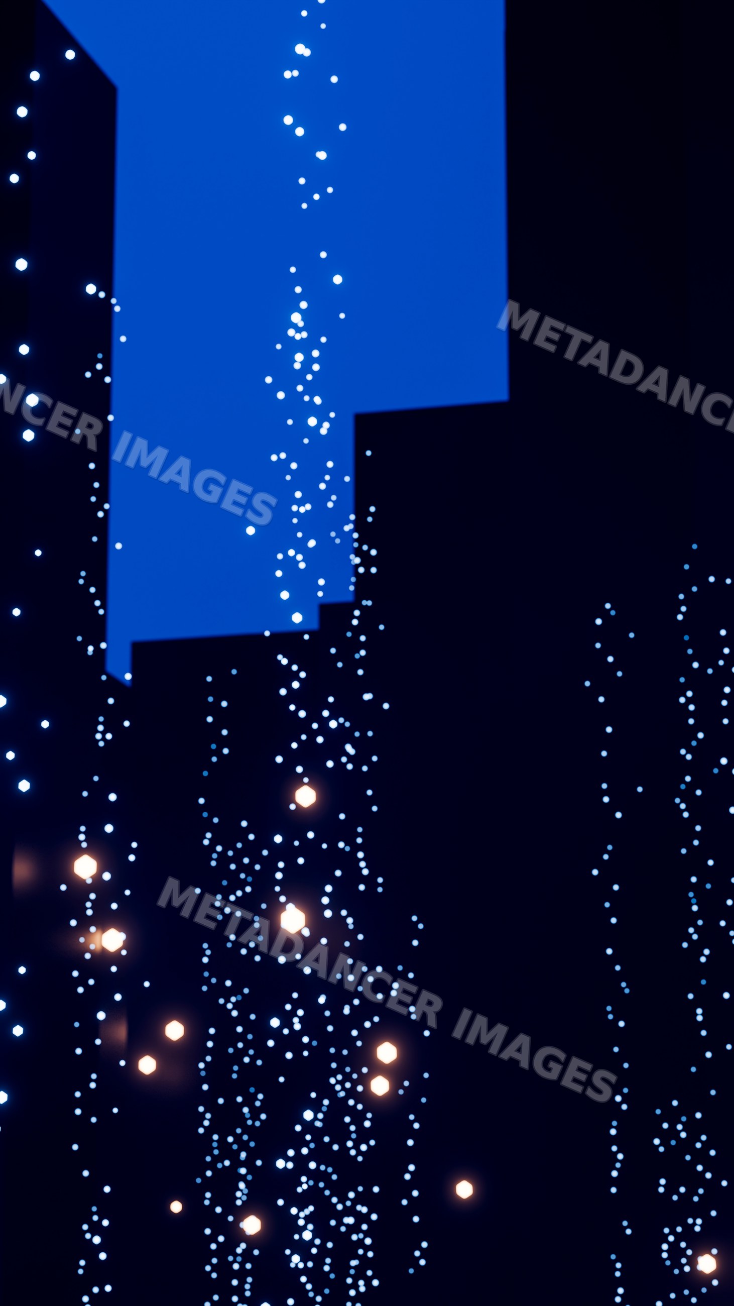 Blue and orange glowing particles float in dark abstract digital scene