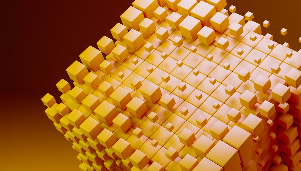 Abstract 3d render of orange and yellow cubes forming a geometric