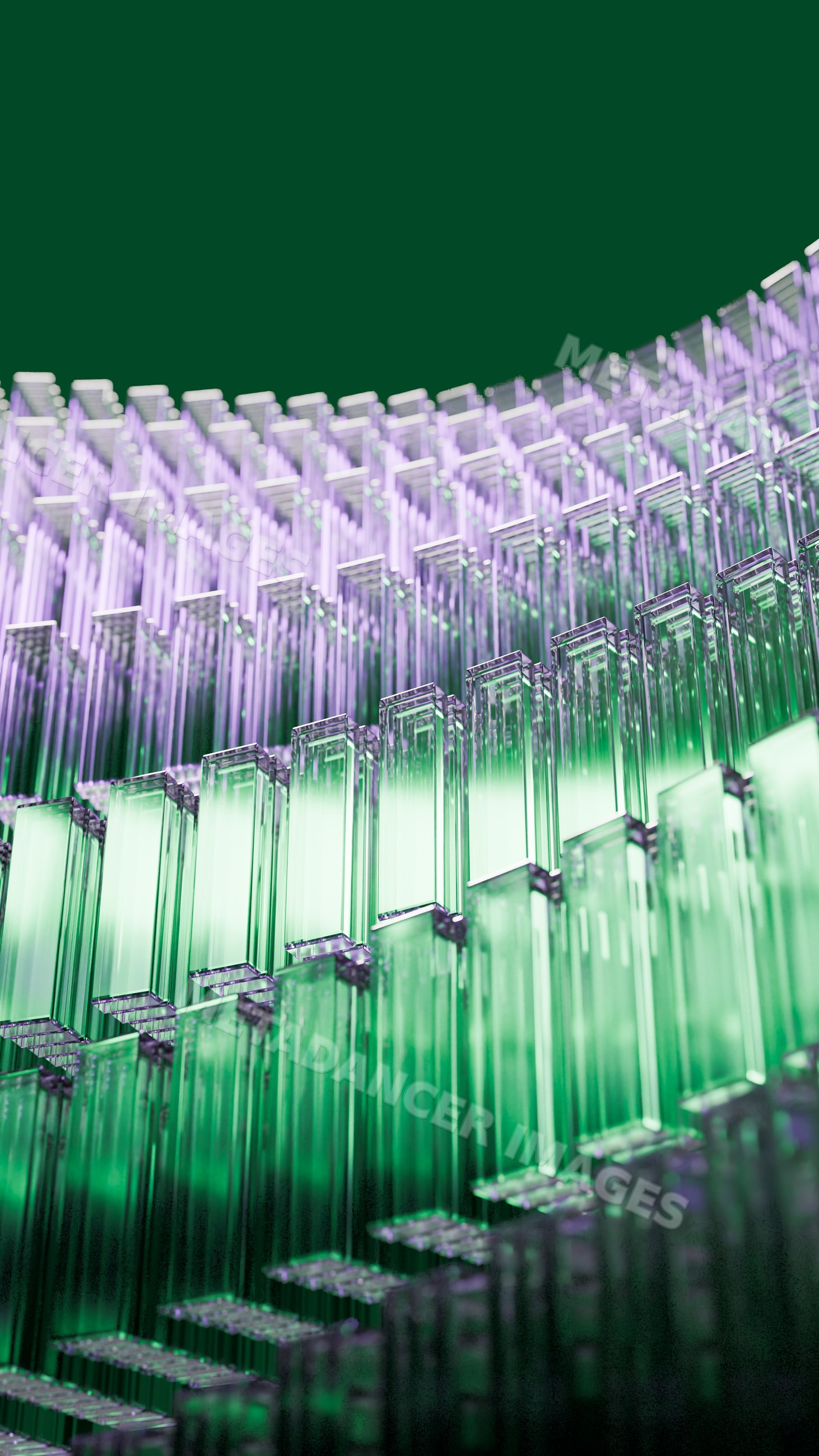 Stacked green and purple rectangular glass blocks in abstract pattern